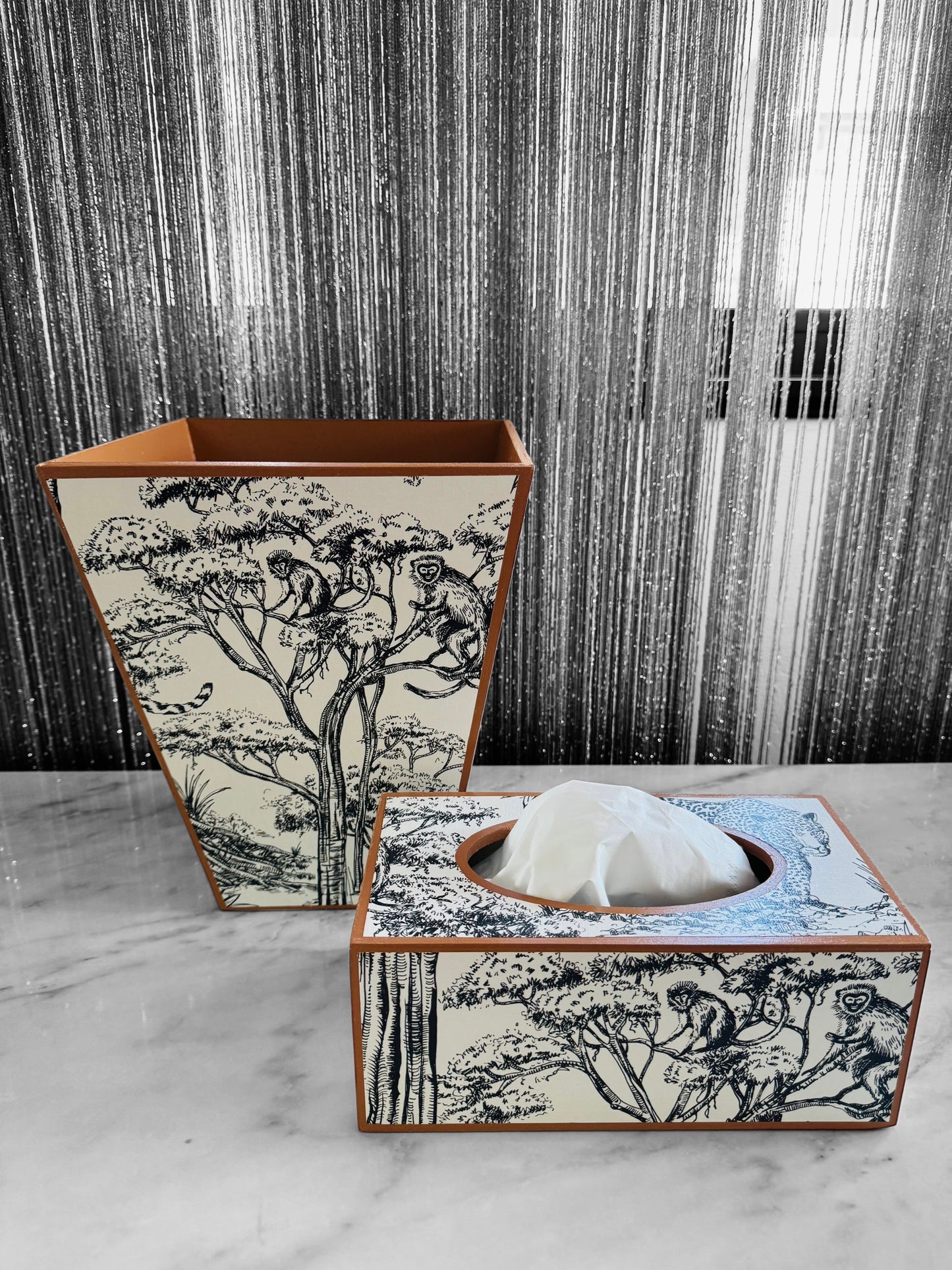 Cape Town - Matching set option for square or rectangle tissue box cover - Decoupage in Kisumu by Clarke & Clarke in black/white colour way.