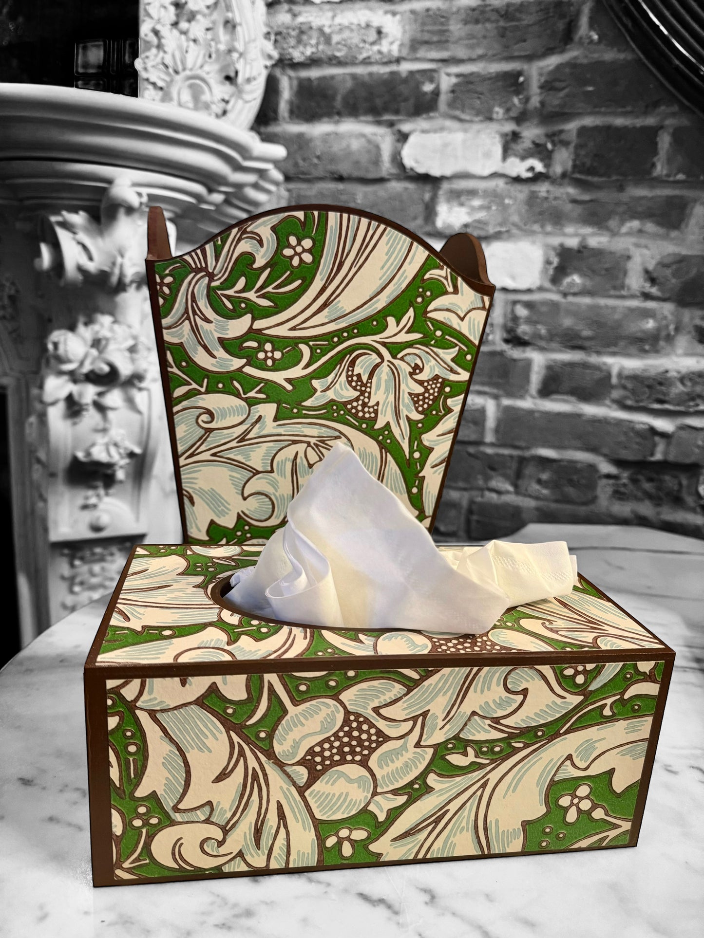 Clerkenwell waste paper bin and long tissue box cover - William Morris Batchelors Button leaf green/Sky. Handmade by Beatrice Bloom London