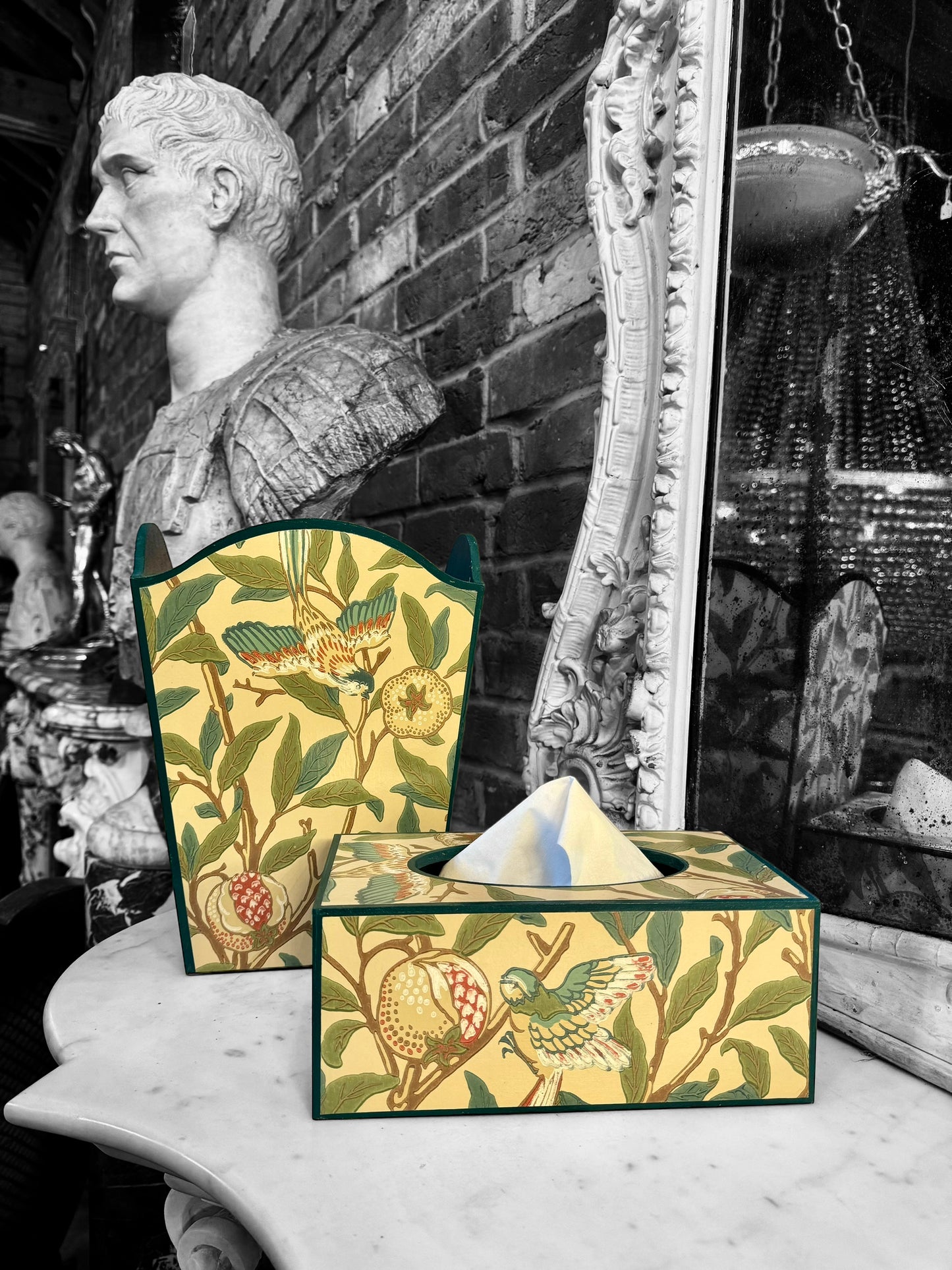 Gloucestershire - Matching set - Waste paper bin & a square or rectangle tissue box cover - Decoupage in Bird & Pomegranate by Morris & Co in Sage colourway