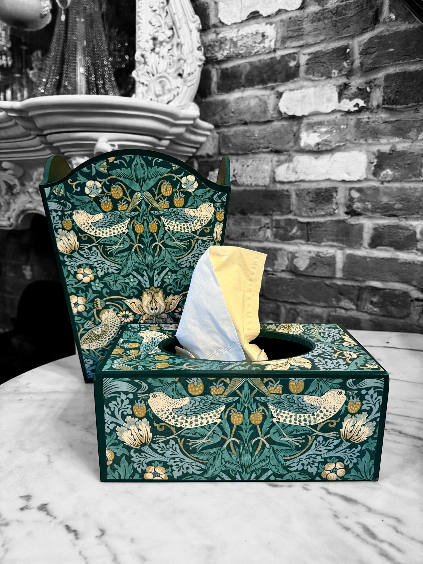Kelmscott - Matching set - Waste paper bin and square or tissue box cover - Decoupage in William Morris Strawberry Thief by Clarke & Clarke in Teal colourway