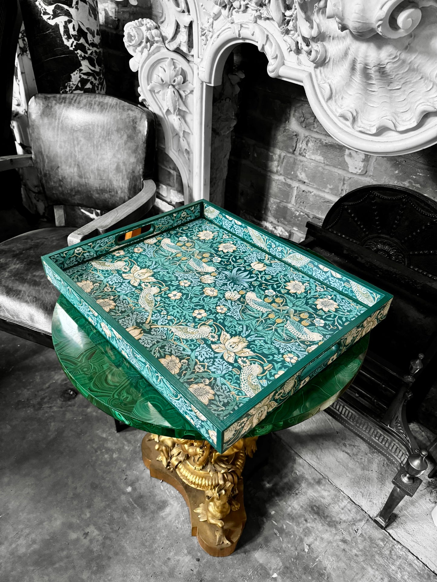 Kelmscott - Ottoman tray available in 4 x sizes - Decoupage in William Morris Strawberry Thief by Clarke & Clarke in teal colourway