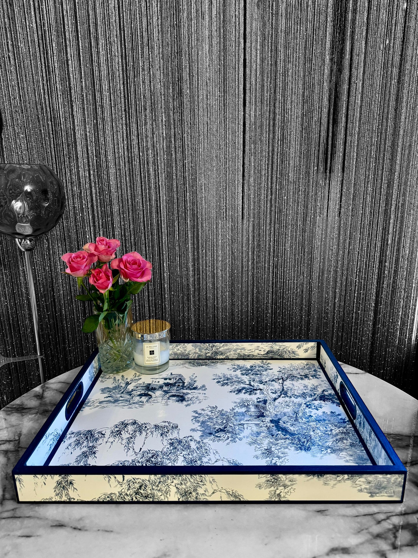 Paris - Ottoman tray available in 4 x sizes - Decoupage in Navy Toile de Jouy in navy colourway