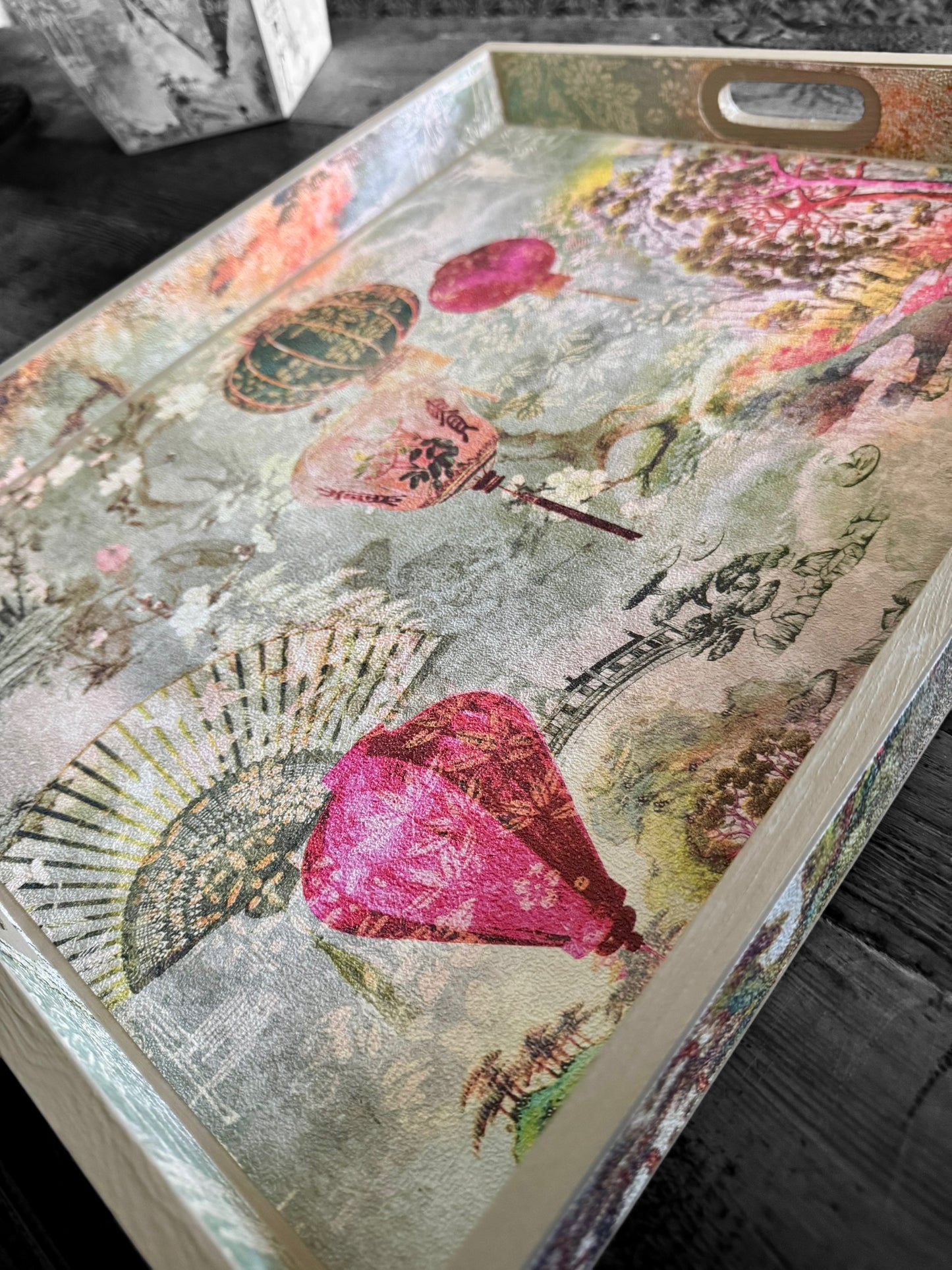 Tokyo - Ottoman tray available in 4 x sizes - Decoupage in intricate Japanese garden inspired textured paper