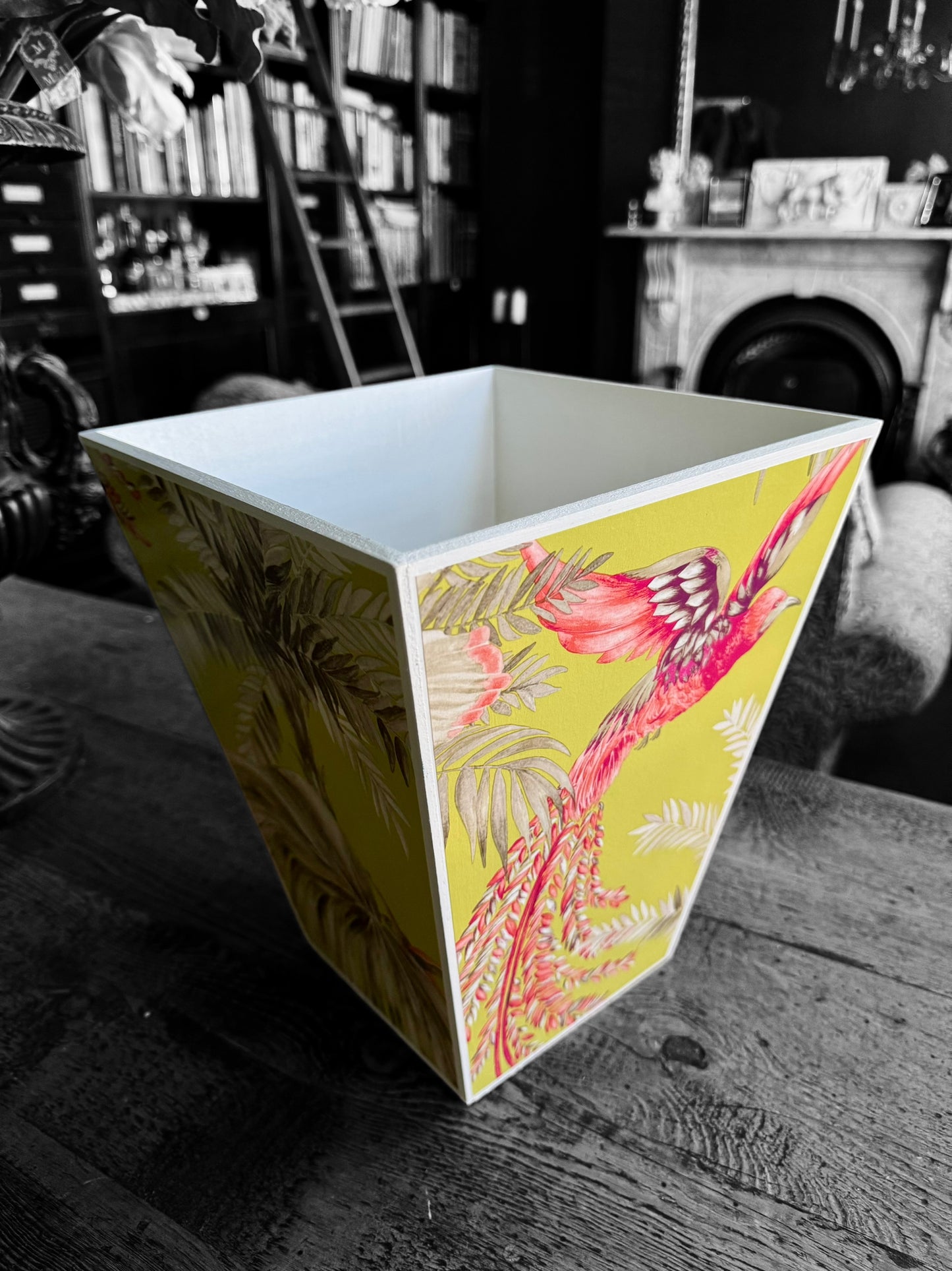 Twickenham - Matching set - Waste paper bin & square or rectangle tissue box cover - Decoupage in Bird of Paradise by Matthew Williamson in pink/purple colourway
