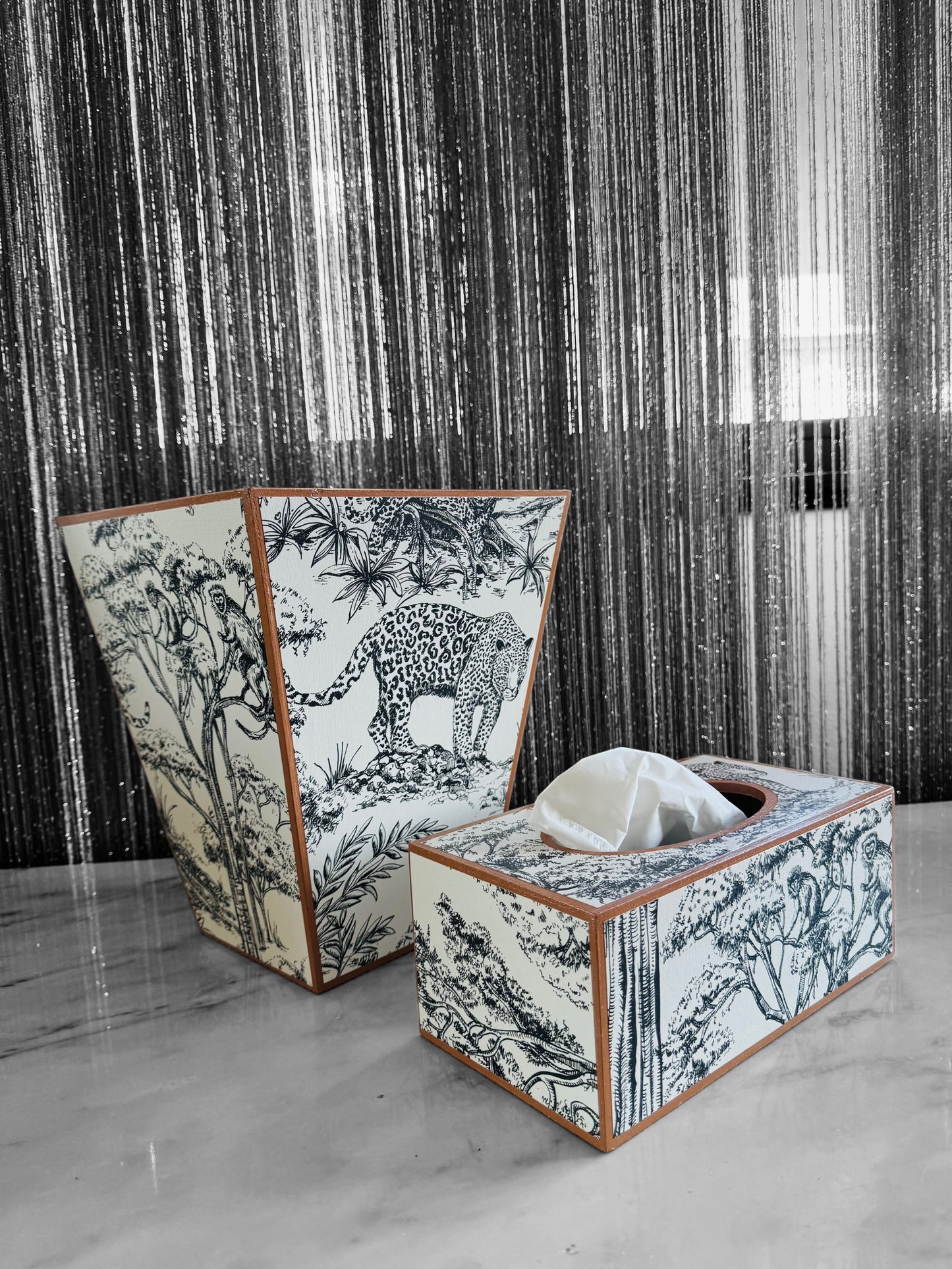 Cape Town - Matching set option for square or rectangle tissue box cover - Decoupage in Kisumu by Clarke & Clarke in black/white colour way.