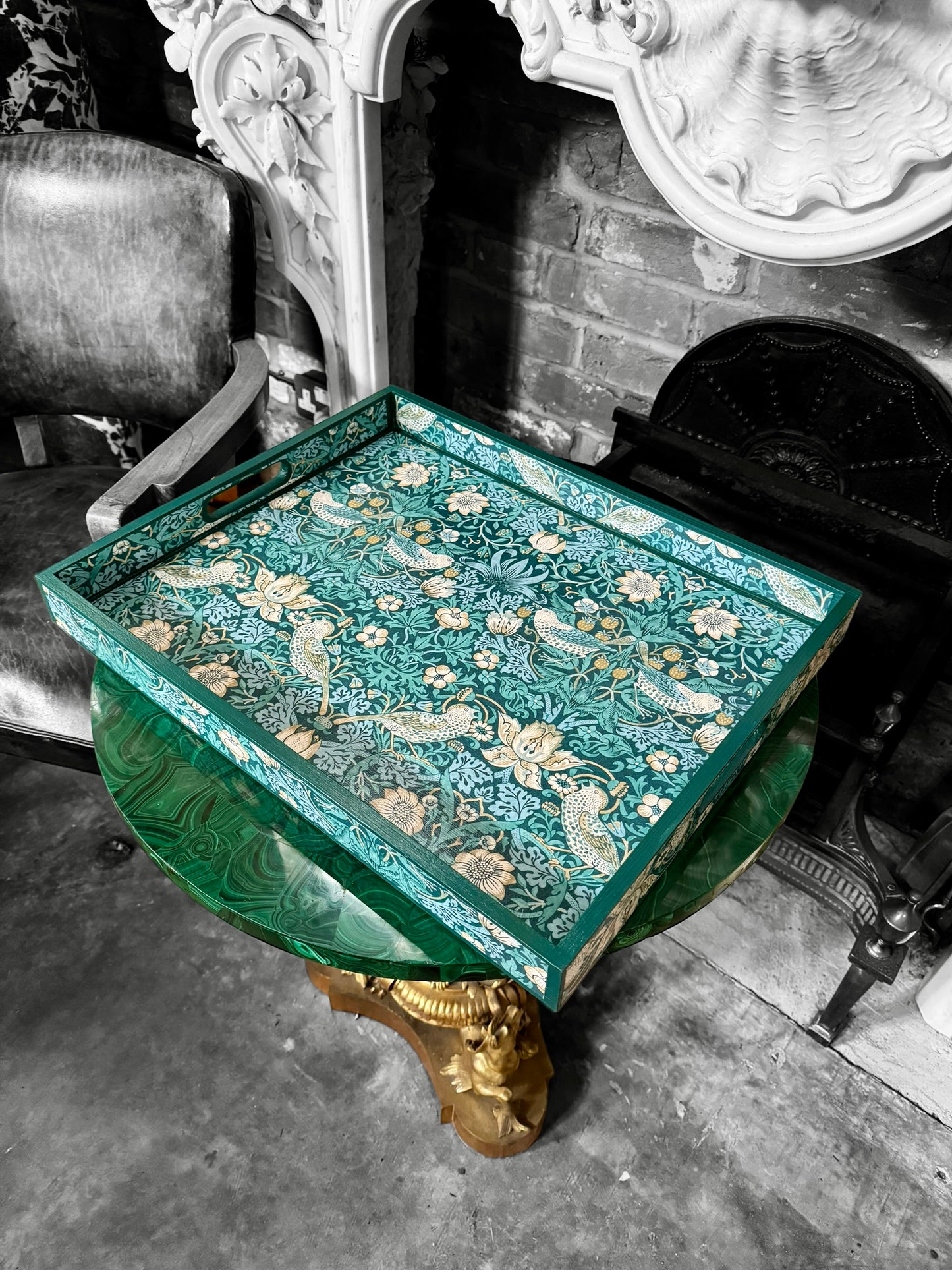 Kelmscott - Ottoman tray available in 4 x sizes - Decoupage in William Morris Strawberry Thief by Clarke & Clarke in teal colourway