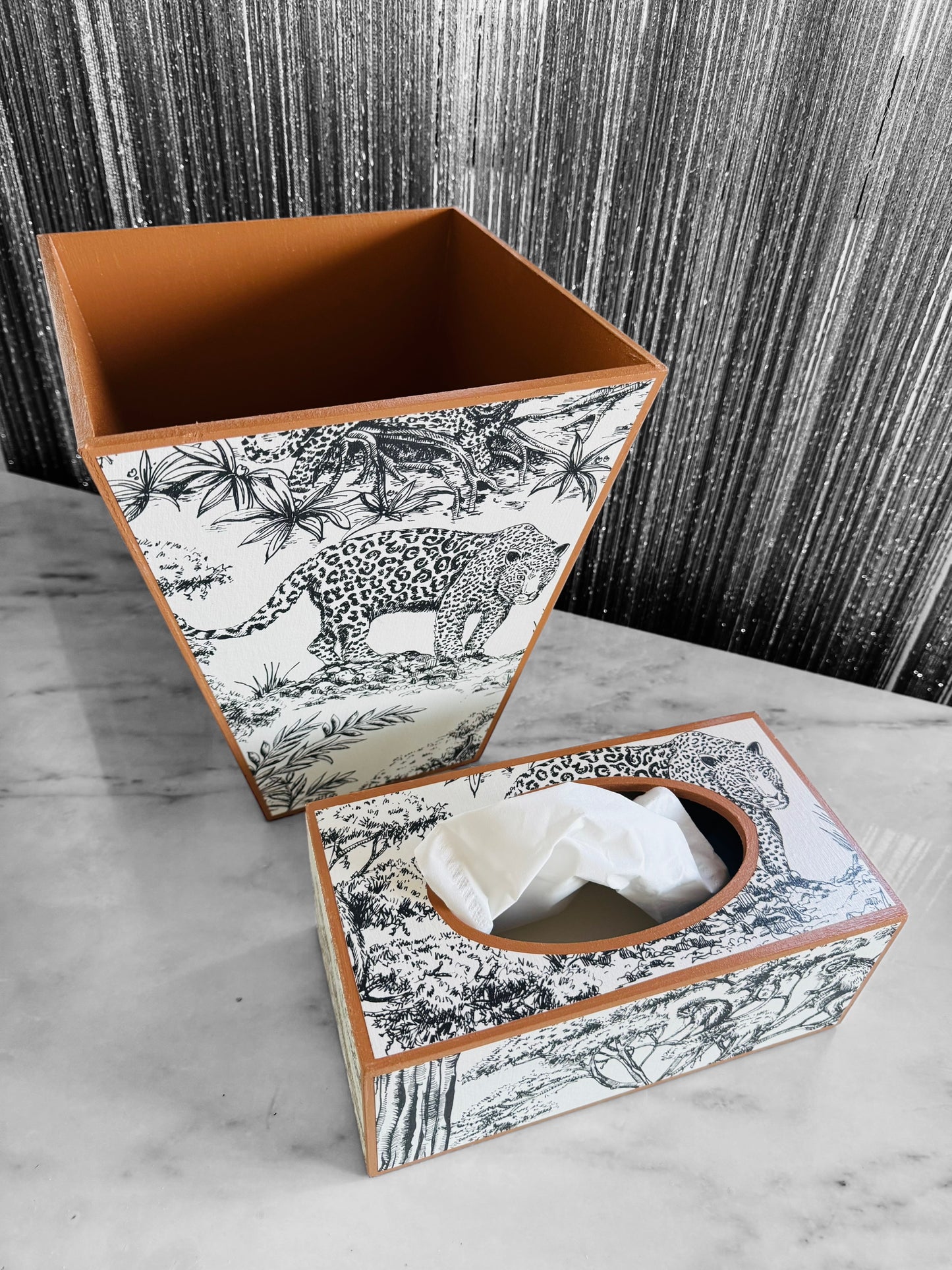 Cape Town - Matching set option for square or rectangle tissue box cover - Decoupage in Kisumu by Clarke & Clarke in black/white colour way.