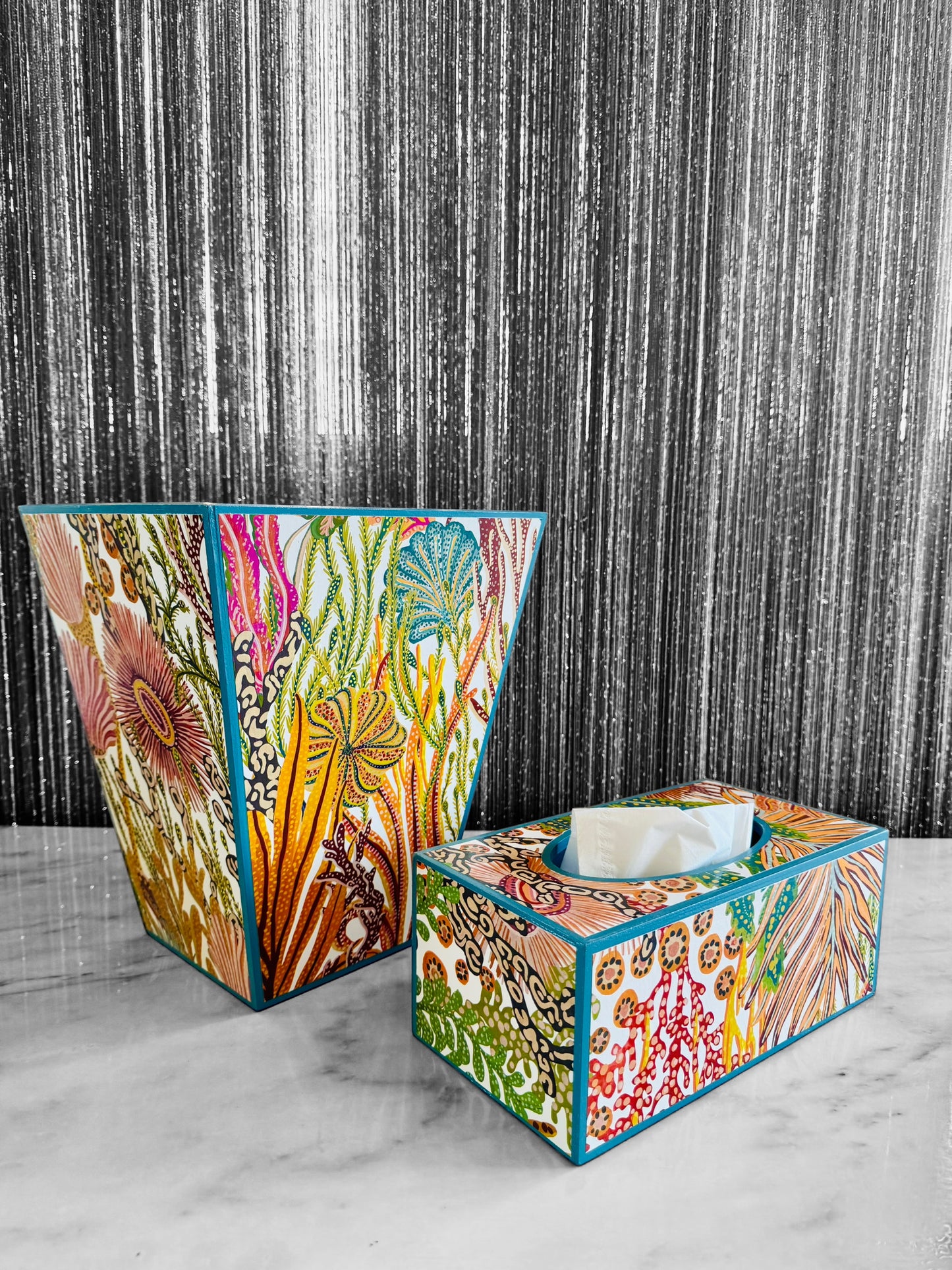 Coral Reef - Matching set option for square or rectangle tissue box cover - Decoupage in Acropora by Harlequin Brazilian Rosewood colour way.
