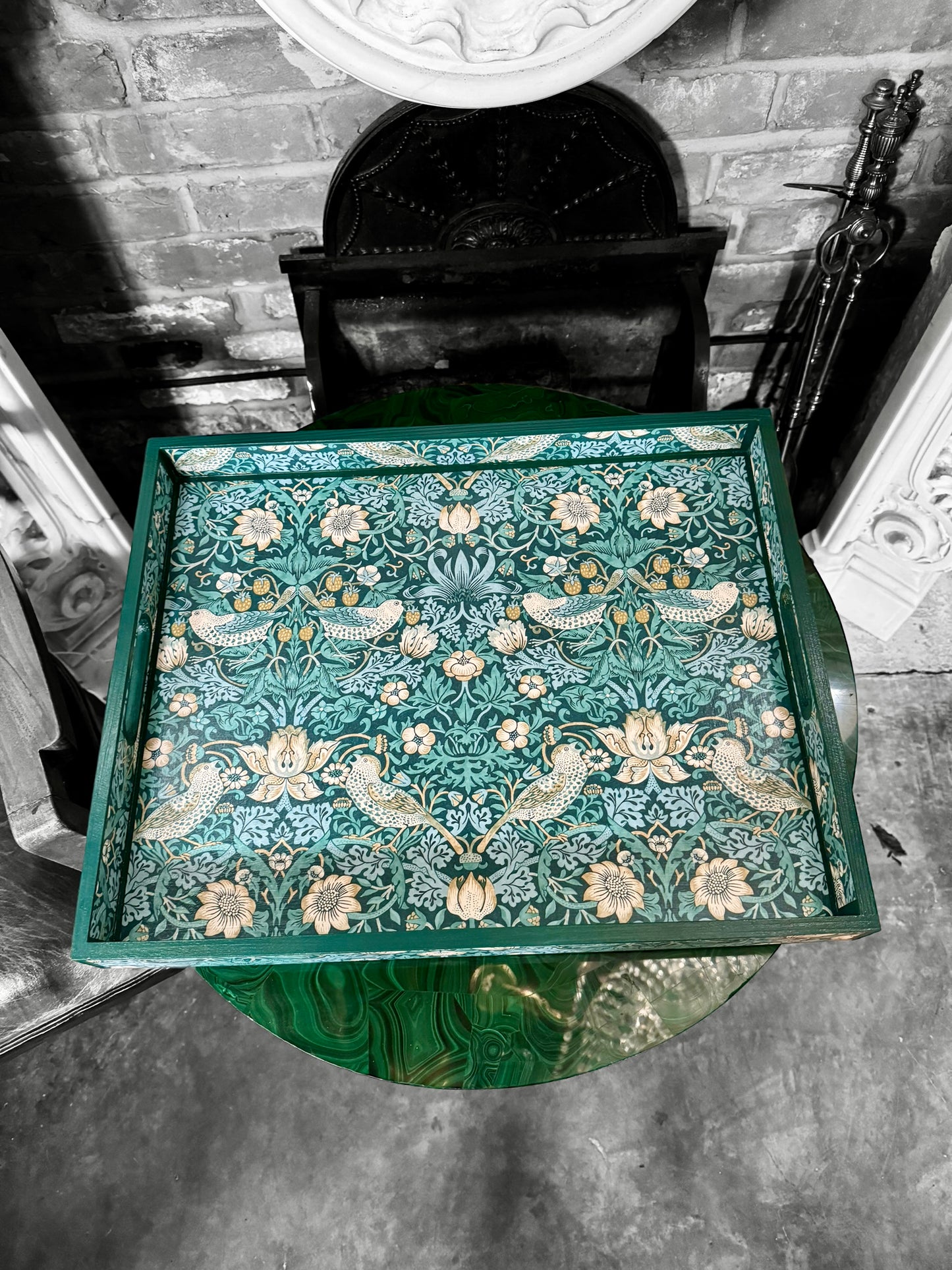 Kelmscott - Ottoman tray available in 4 x sizes - Decoupage in William Morris Strawberry Thief by Clarke & Clarke in teal colourway