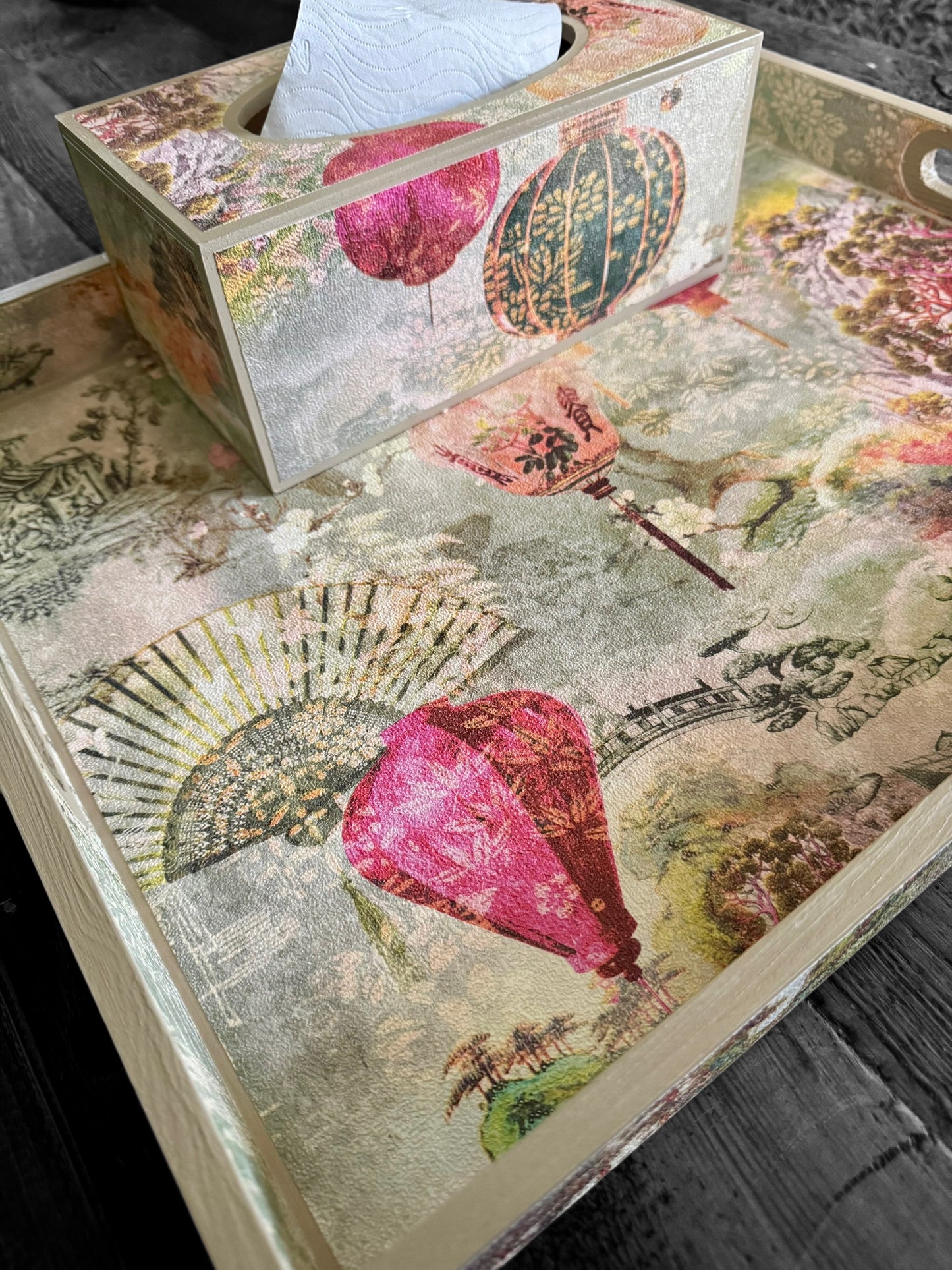 Tokyo - Ottoman tray available in 4 x sizes - Decoupage in intricate Japanese garden inspired textured paper