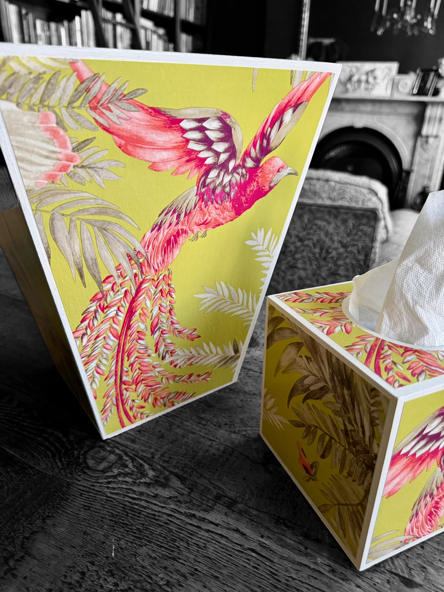 Twickenham - Matching set - Waste paper bin & square or rectangle tissue box cover - Decoupage in Bird of Paradise by Matthew Williamson in pink/purple colourway