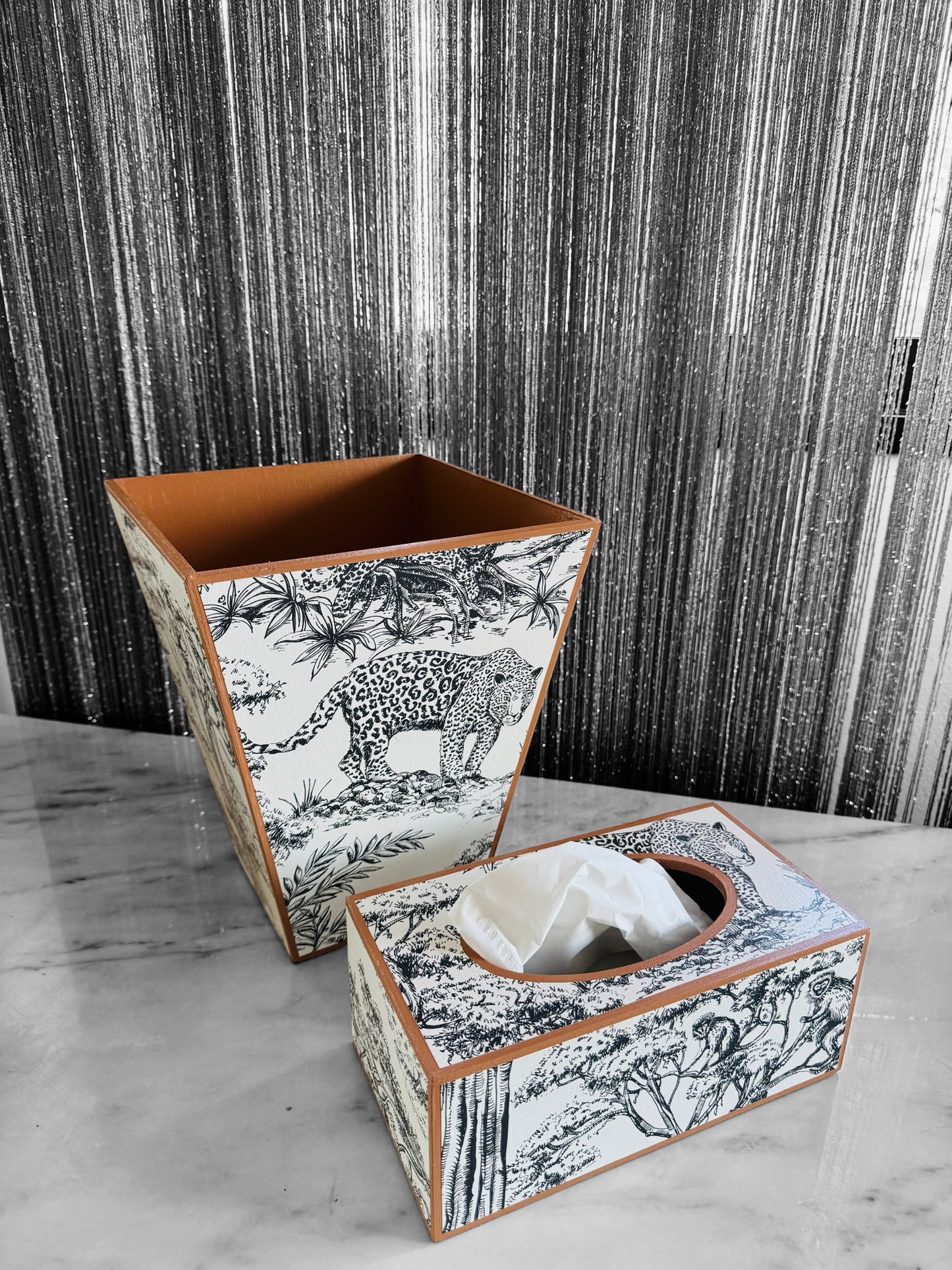 Cape Town - Matching set option for square or rectangle tissue box cover - Decoupage in Kisumu by Clarke & Clarke in black/white colour way.
