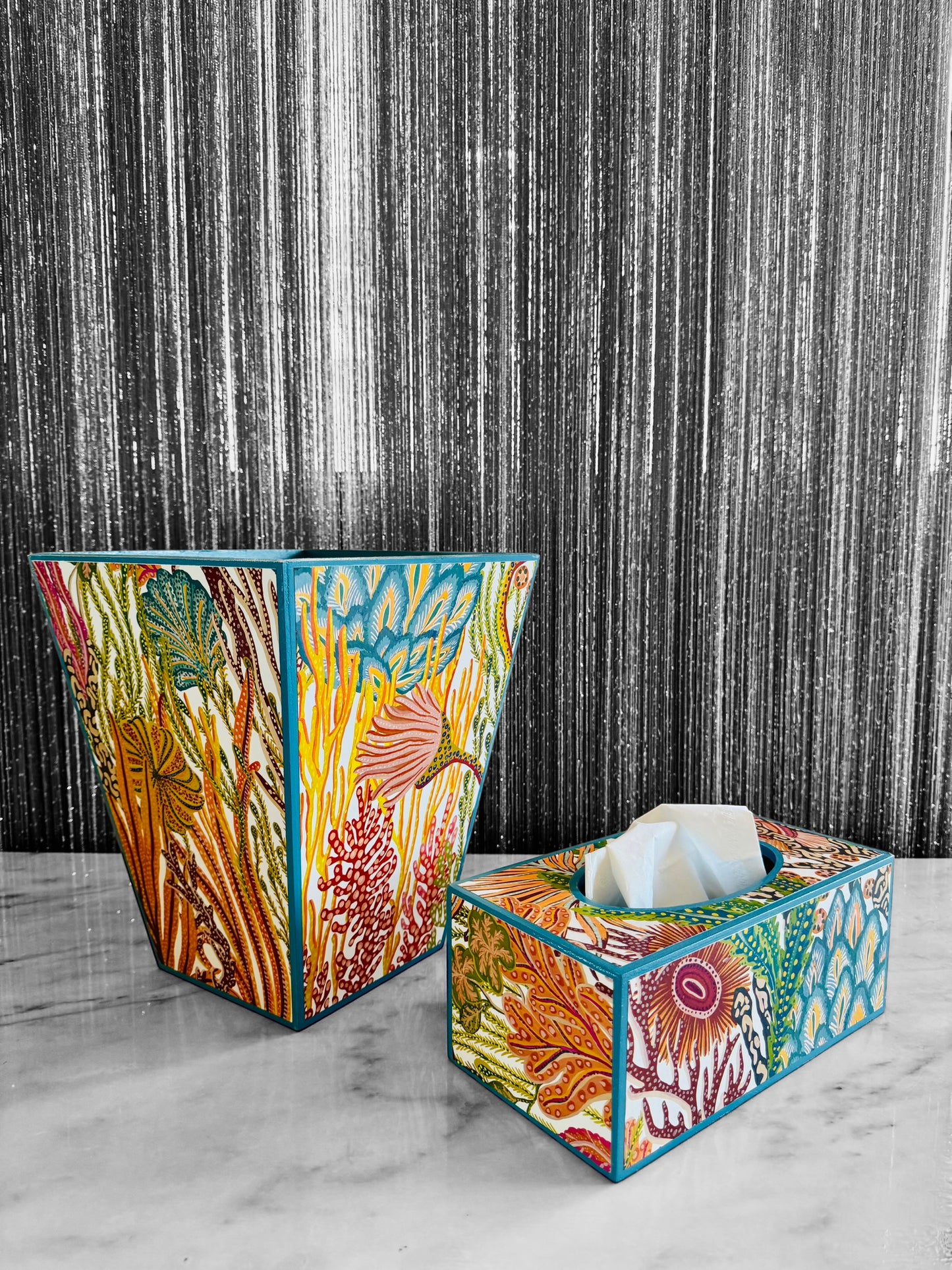 Coral Reef - Matching set option for square or rectangle tissue box cover - Decoupage in Acropora by Harlequin Brazilian Rosewood colour way.