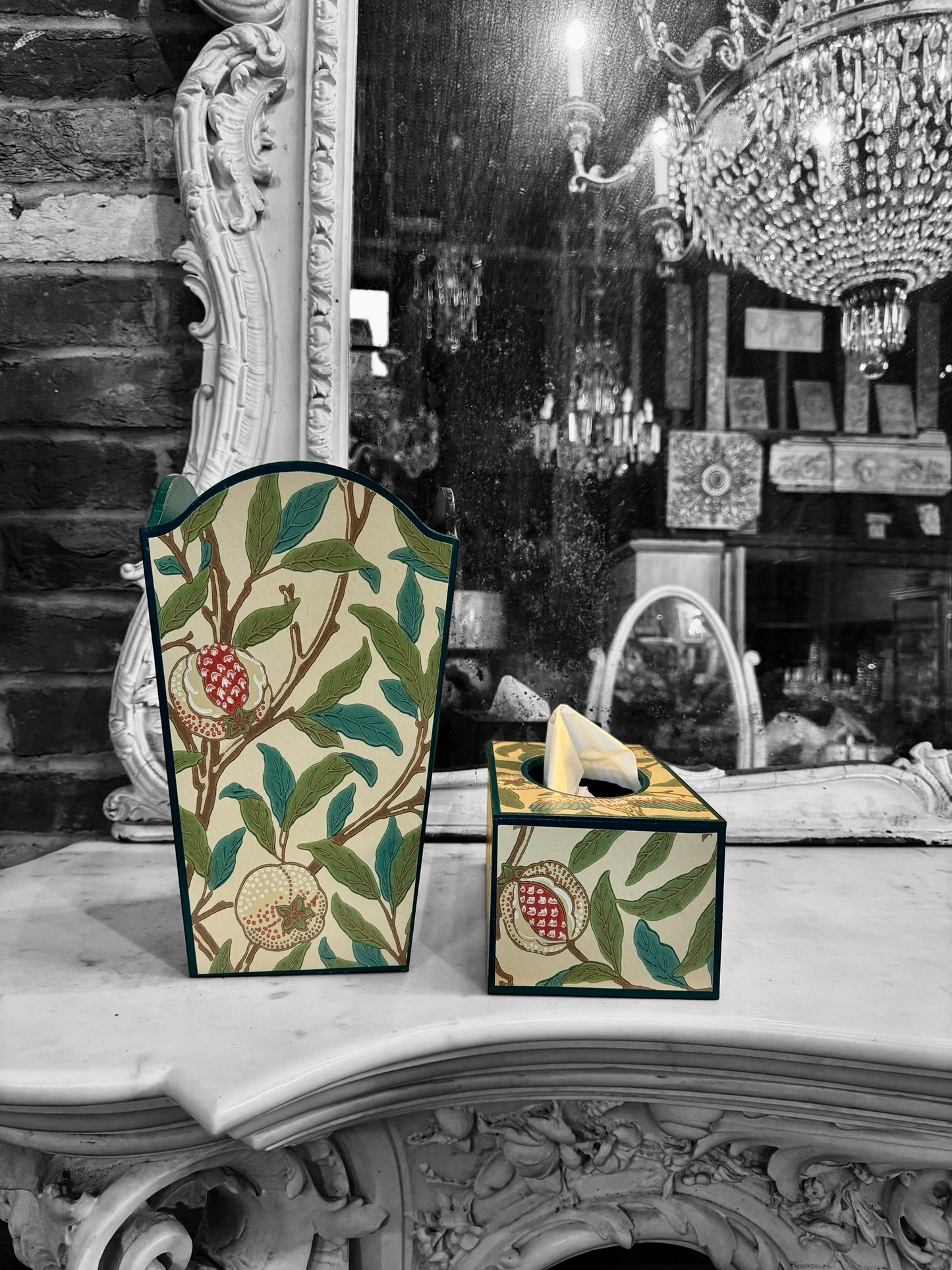 Gloucestershire - Matching set - Waste paper bin & a square or rectangle tissue box cover - Decoupage in Bird & Pomegranate by Morris & Co in Sage colourway