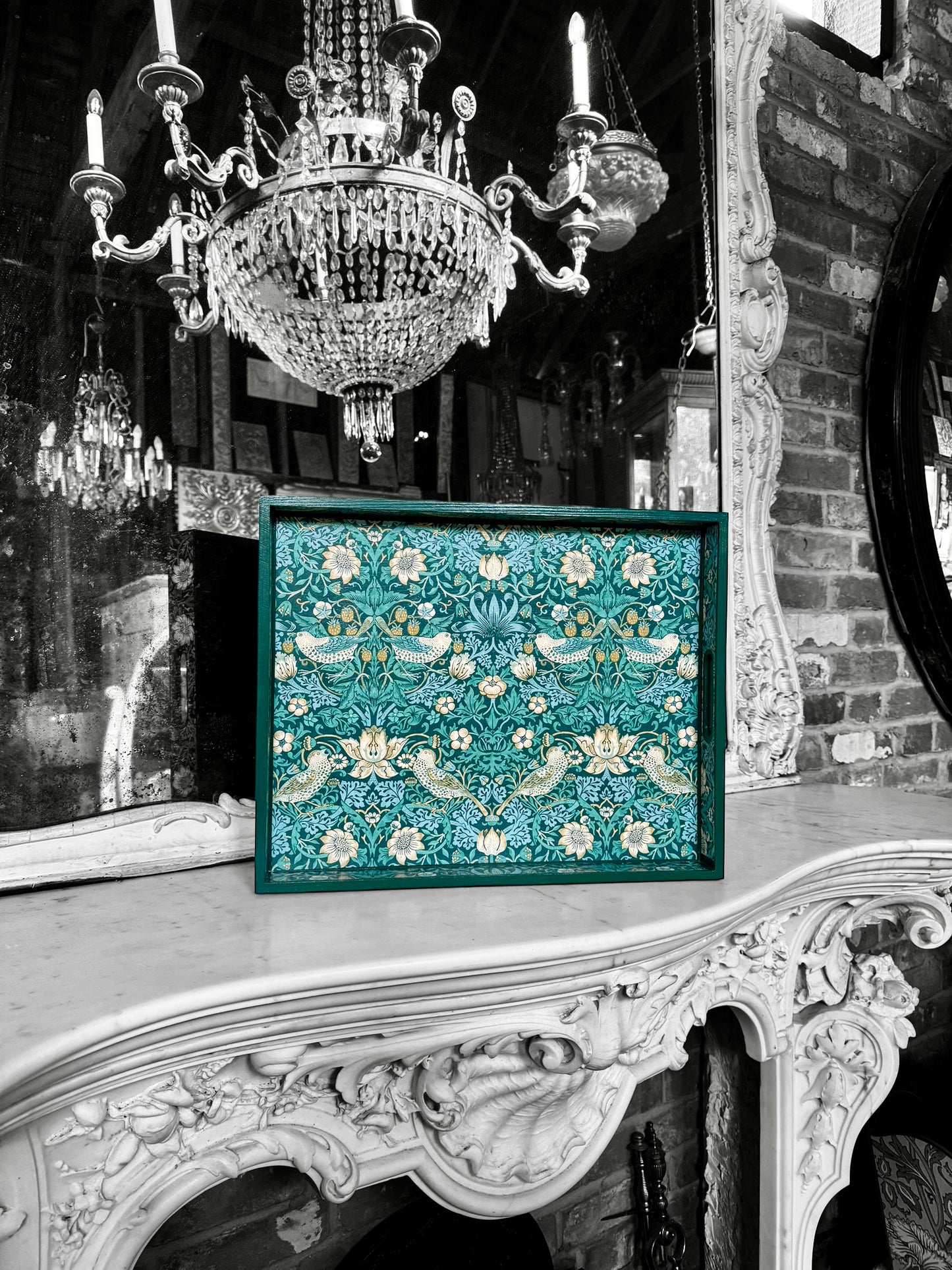 Kelmscott - Ottoman tray available in 4 x sizes - Decoupage in William Morris Strawberry Thief by Clarke & Clarke in teal colourway
