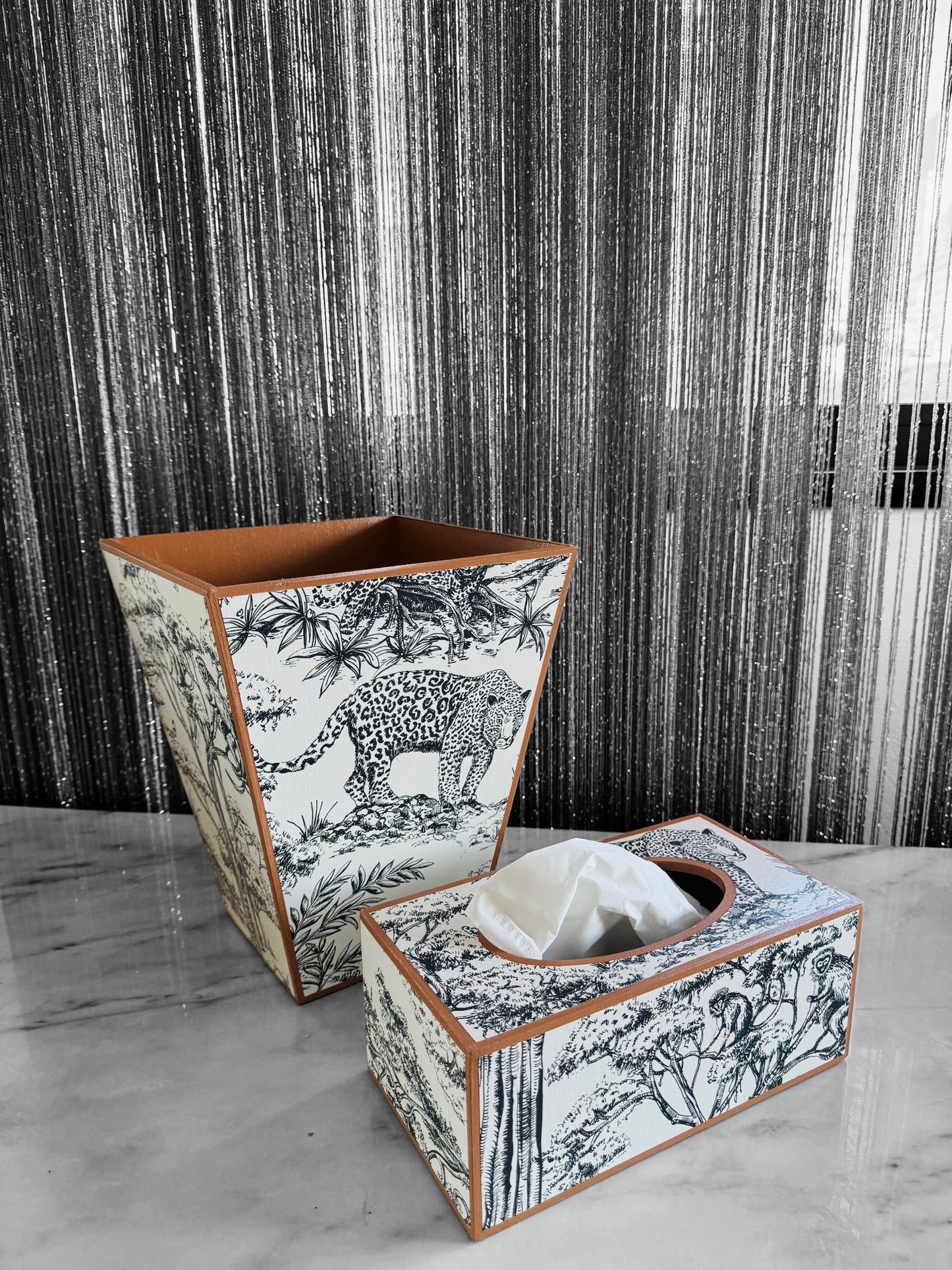 Cape Town - Matching set option for square or rectangle tissue box cover - Decoupage in Kisumu by Clarke & Clarke in black/white colour way.