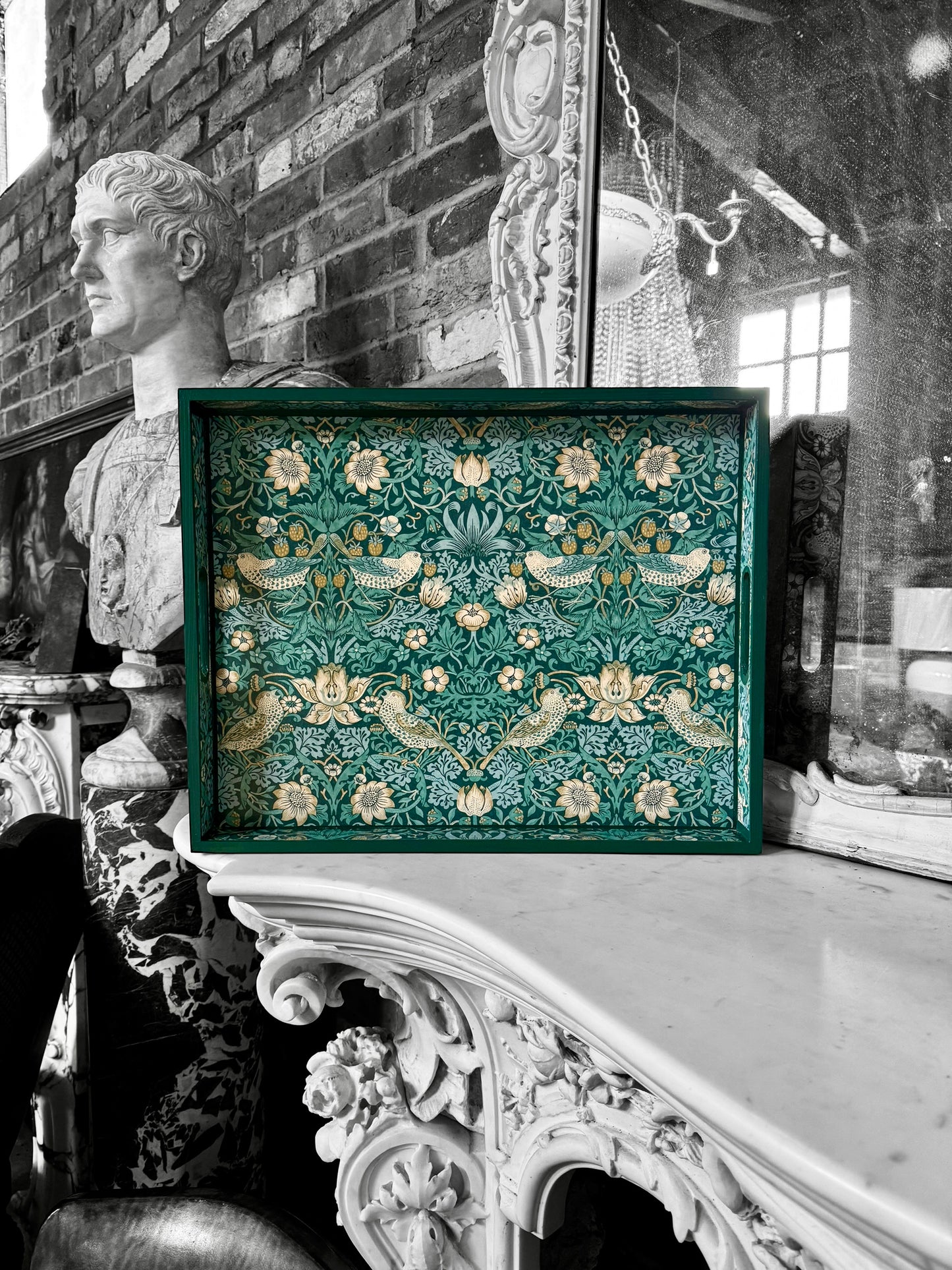 Kelmscott - Ottoman tray available in 4 x sizes - Decoupage in William Morris Strawberry Thief by Clarke & Clarke in teal colourway