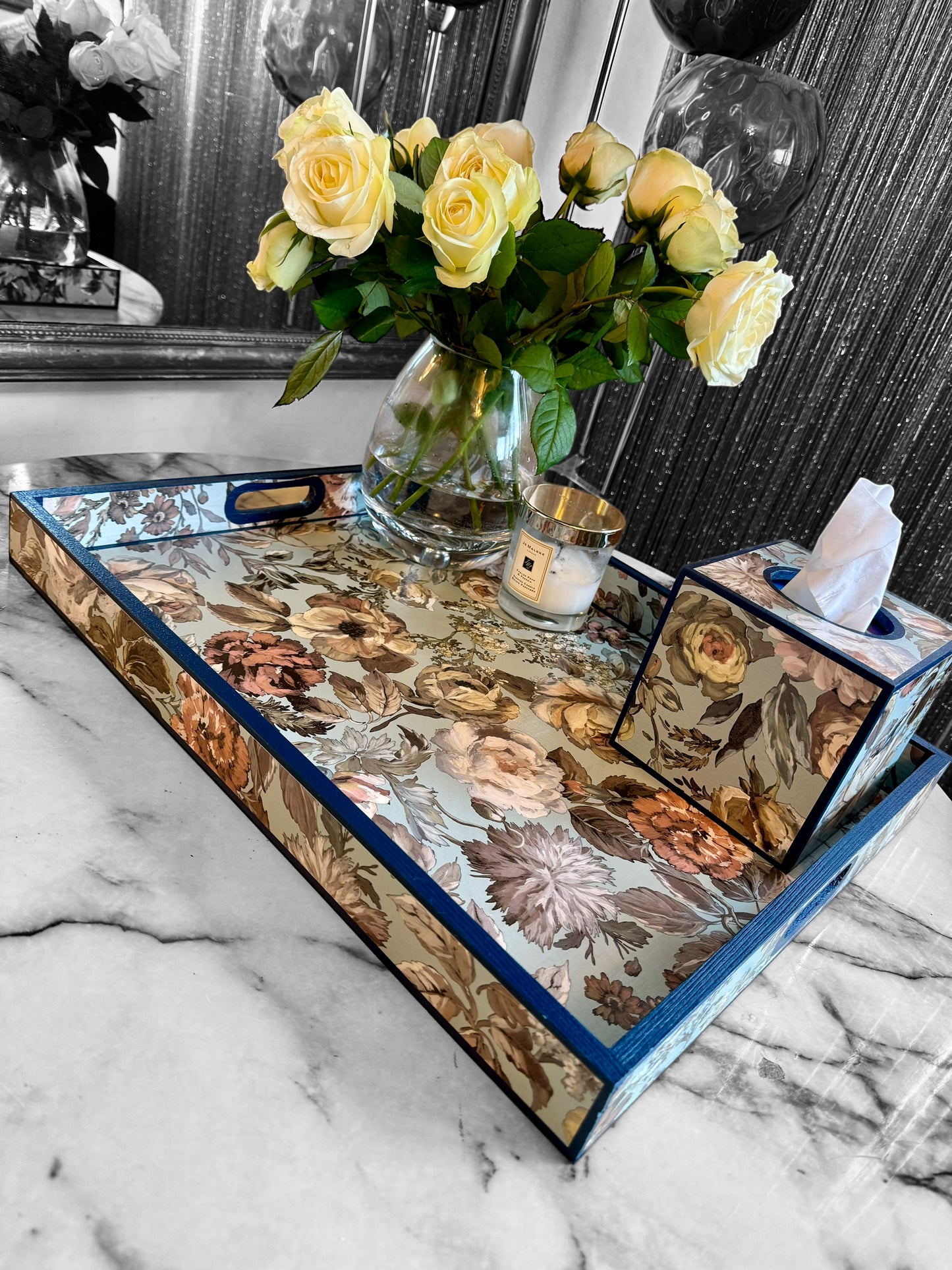 Brighton - Ottoman tray available in 4 x sizes - Decoupage in Mansur by Designers Guild in duck egg blue colourway