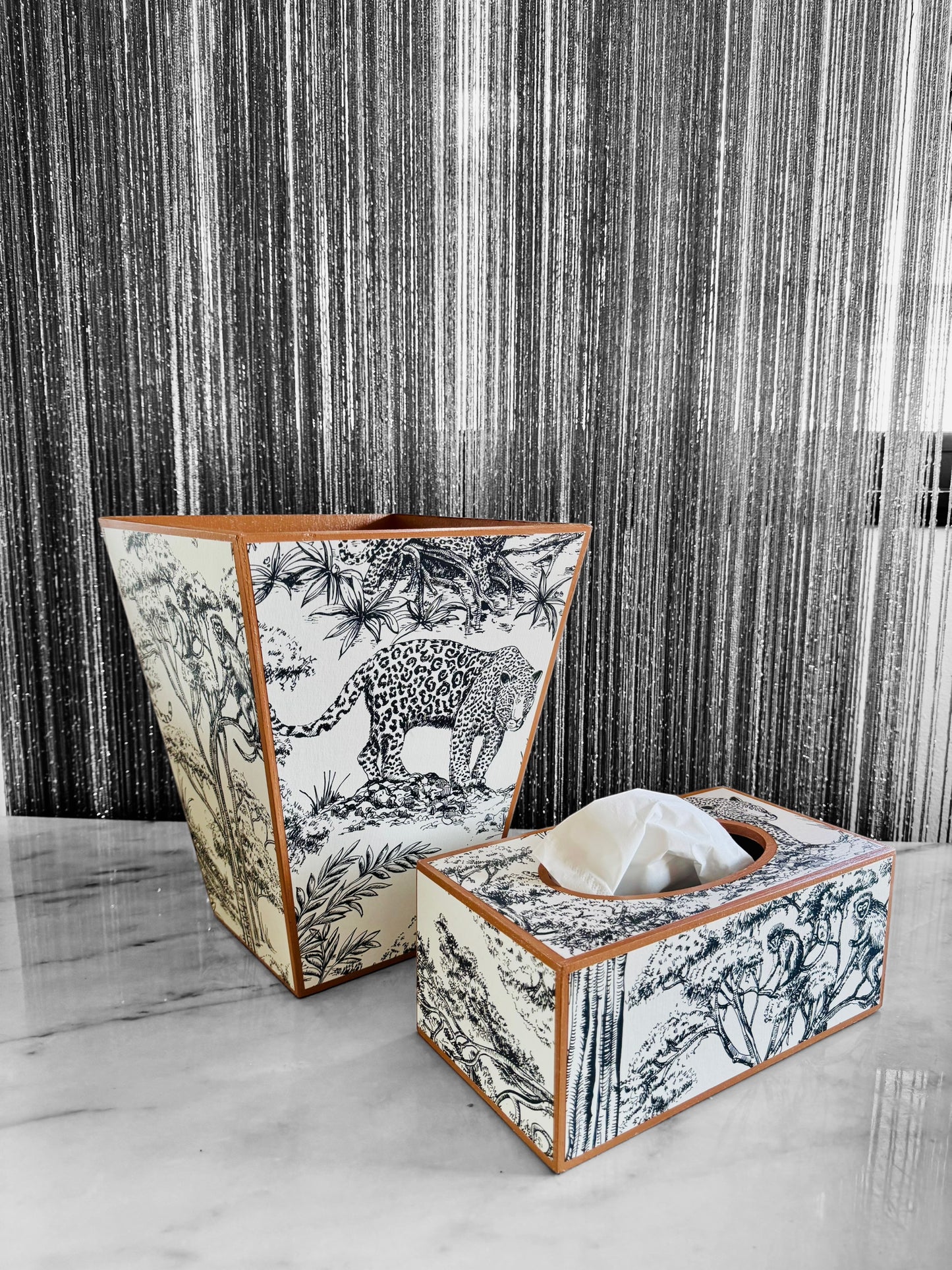 Cape Town - Matching set option for square or rectangle tissue box cover - Decoupage in Kisumu by Clarke & Clarke in black/white colour way.