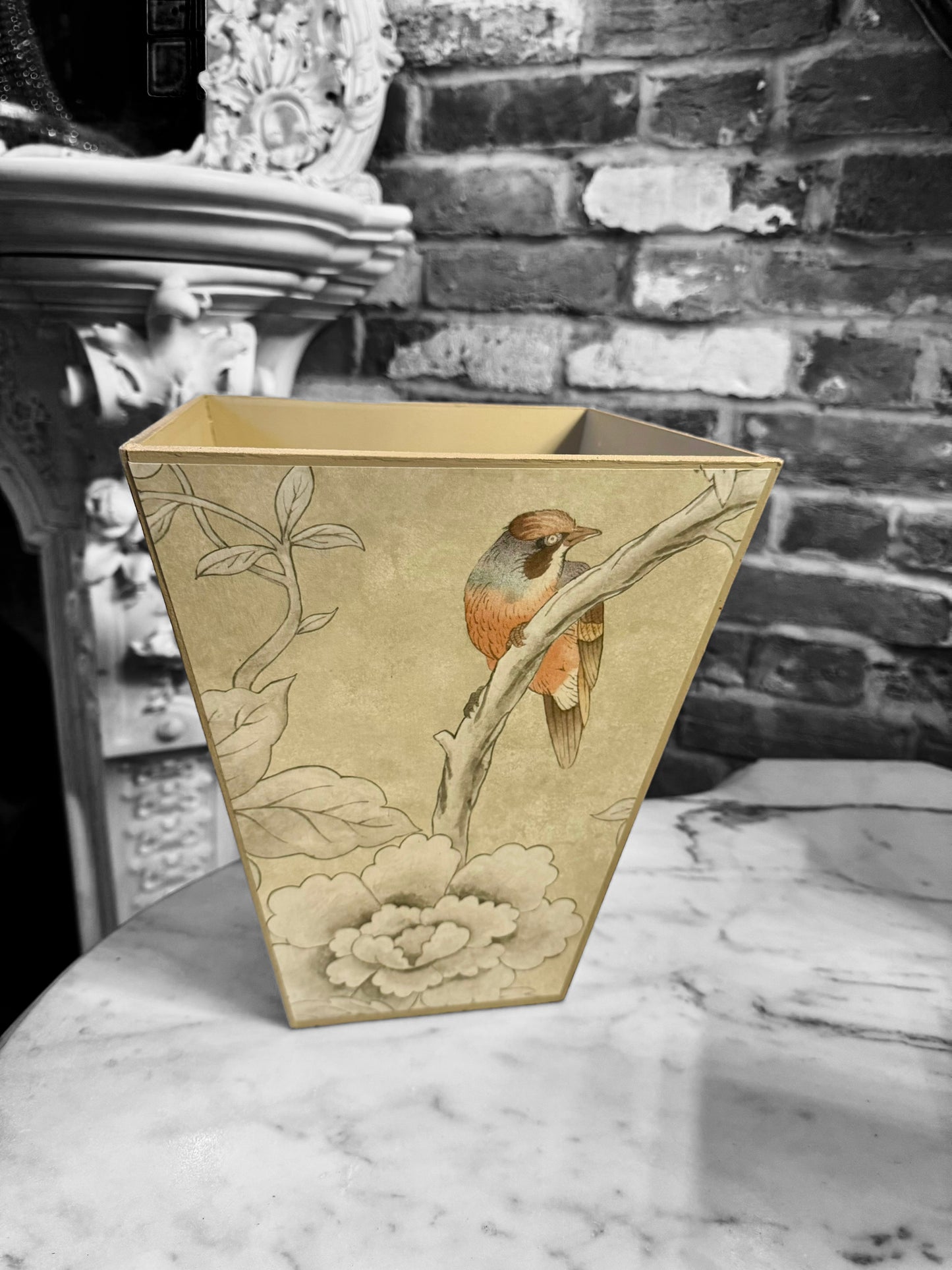 Chiswick - Matching set - Waste paper bin and square or rectangle tissue box cover - Decoupage in Chiswick Grove by sanderson in gold colourway