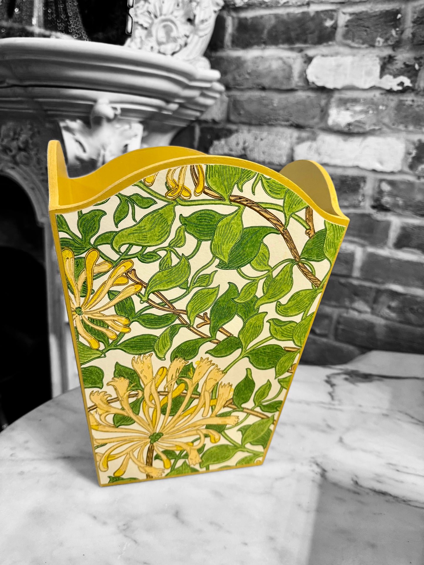 Dalston - Matching set - Waste paper bin and square or rectangle tissue box cover - Decoupage in William Morris Honeysuckle by Morris & co in cream and chocolate colourway