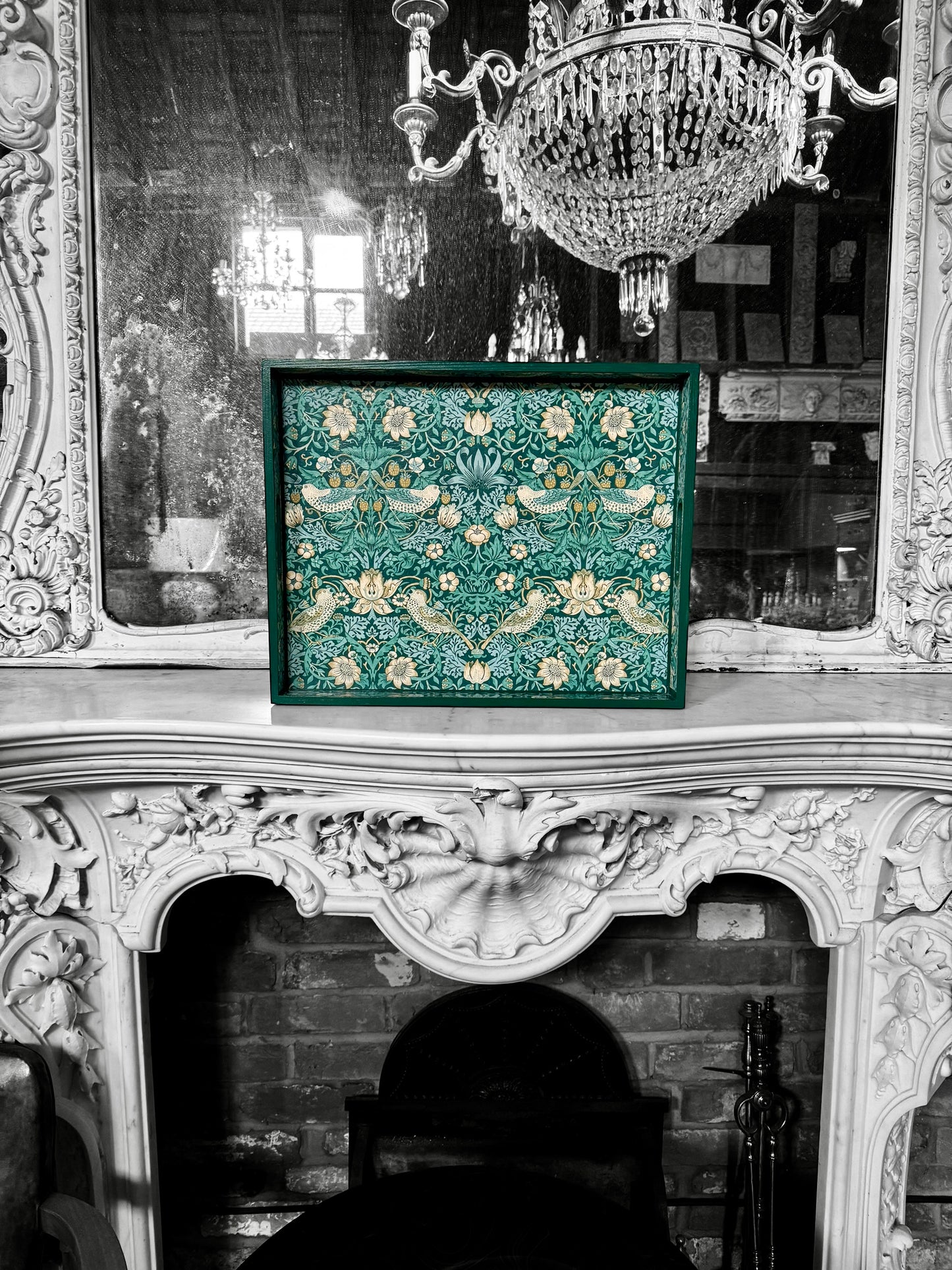 Kelmscott - Ottoman tray available in 4 x sizes - Decoupage in William Morris Strawberry Thief by Clarke & Clarke in teal colourway