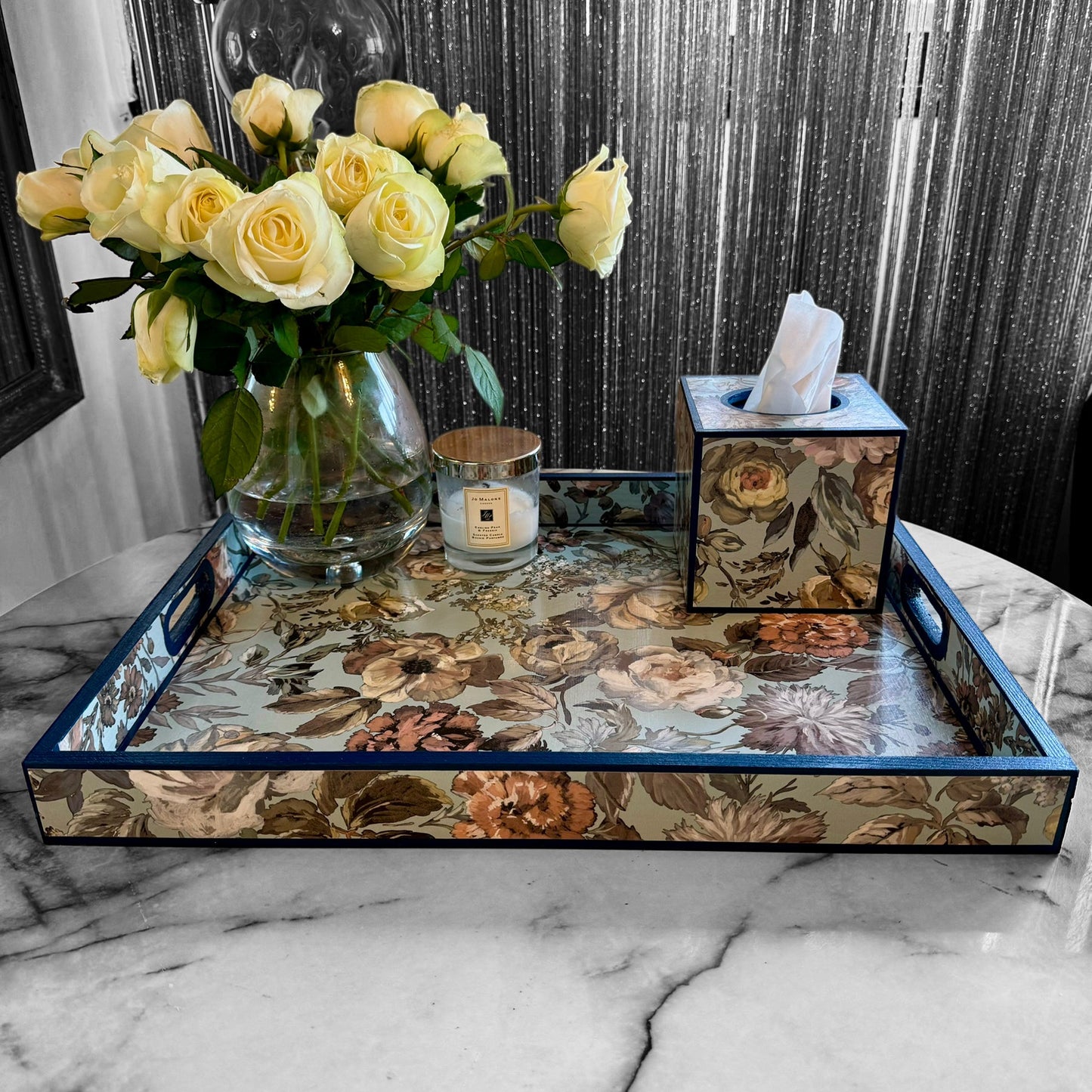 Brighton - Ottoman tray available in 4 x sizes - Decoupage in Mansur by Designers Guild in duck egg blue colourway