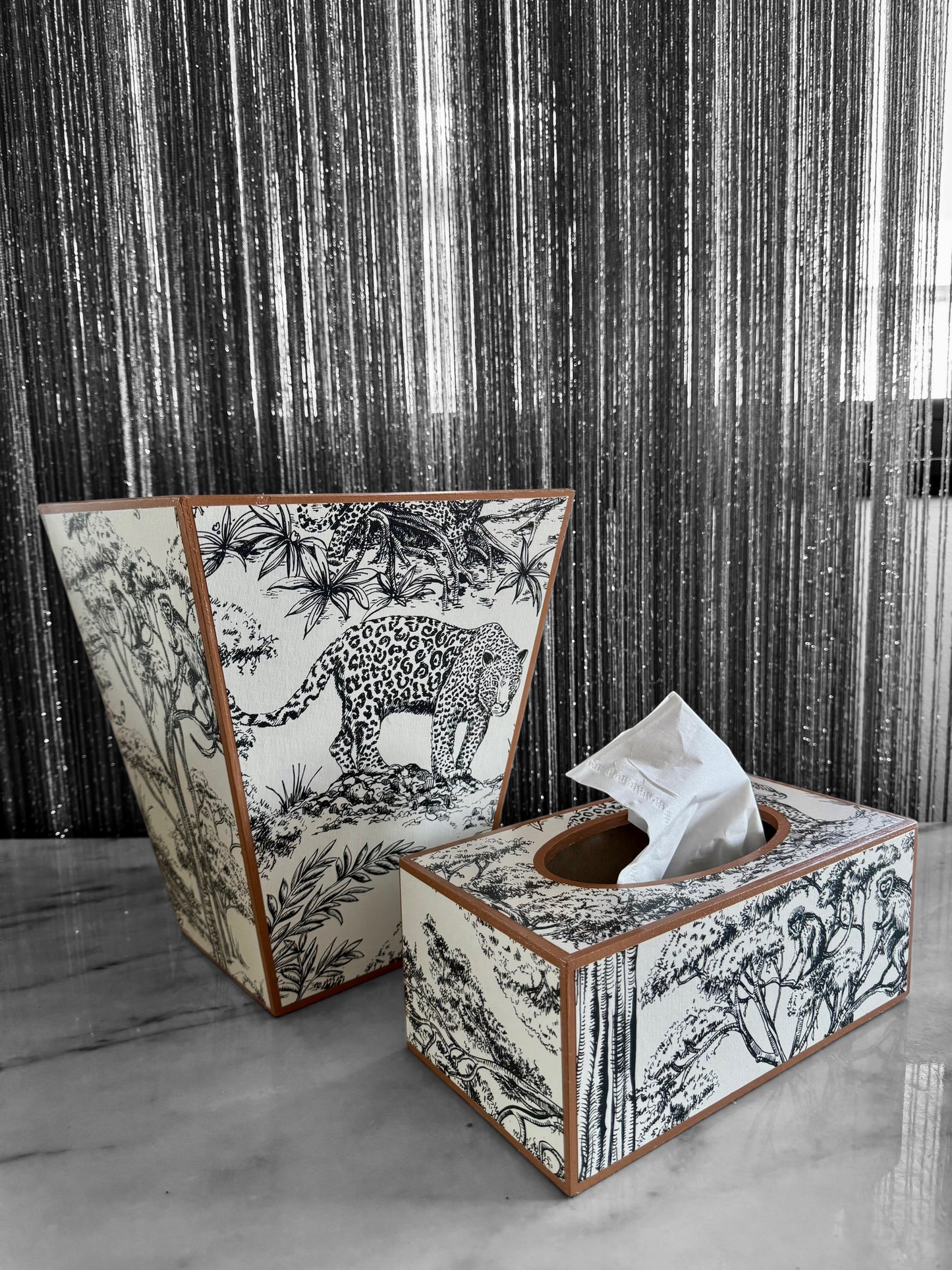 Cape Town - Matching set option for square or rectangle tissue box cover - Decoupage in Kisumu by Clarke & Clarke in black/white colour way.