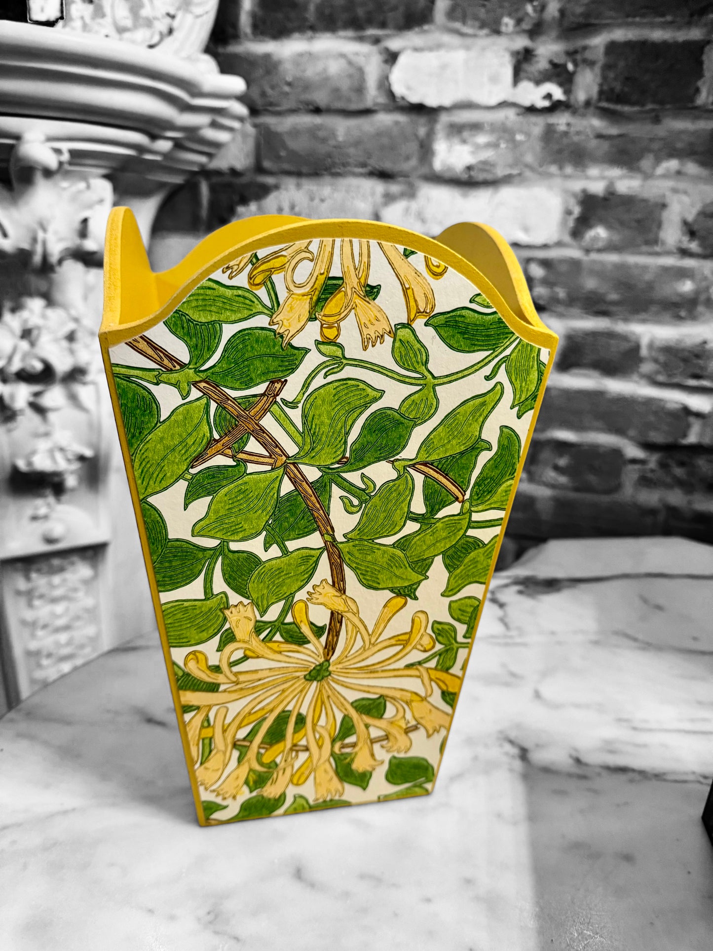 Dalston - Matching set - Waste paper bin and square or rectangle tissue box cover - Decoupage in William Morris Honeysuckle by Morris & co in cream and chocolate colourway