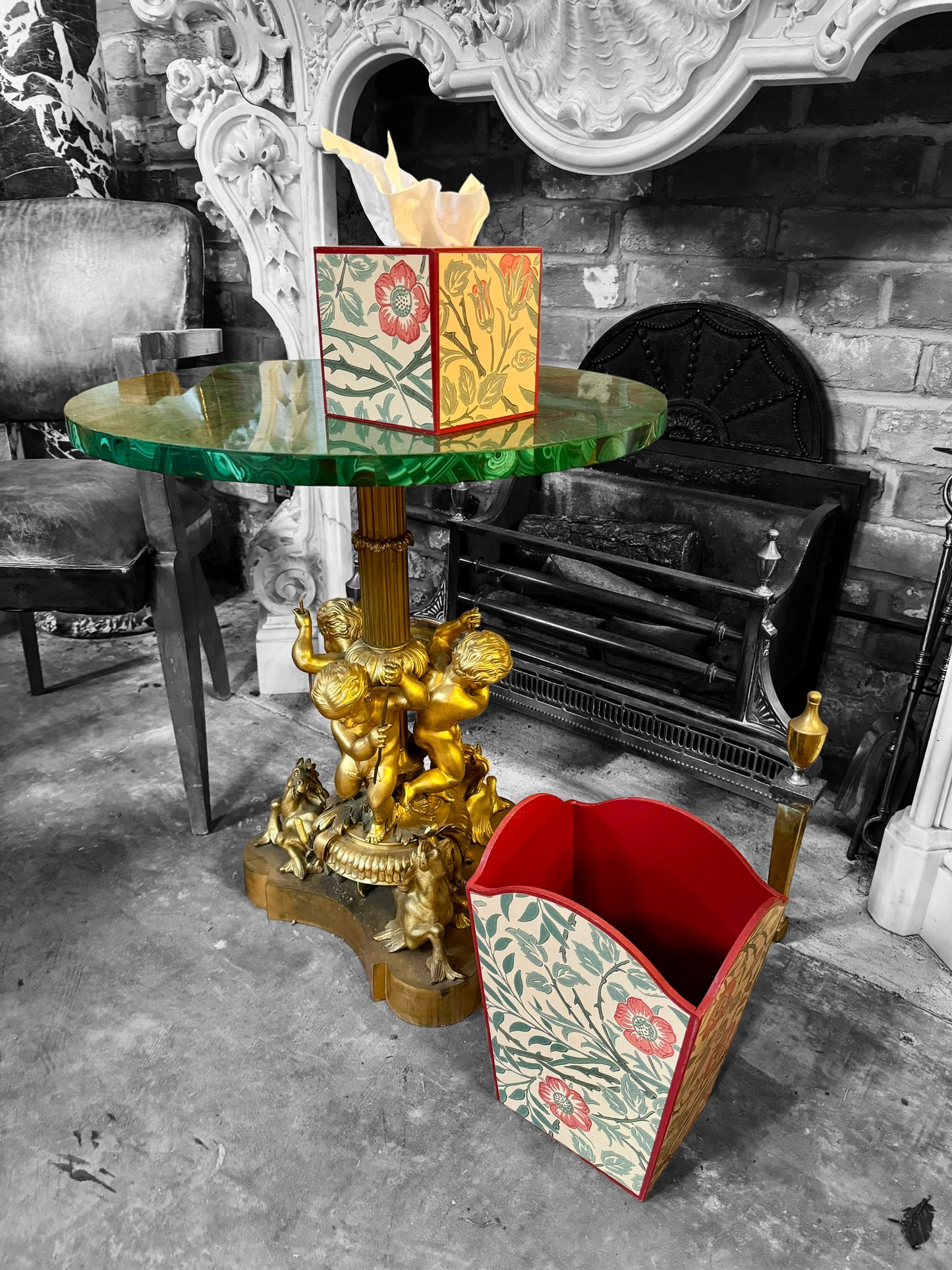 William Morris Waste paper bin and square tissue box cover matching set in Sweet Briar by Morris & Co in green,blue,rust colour way