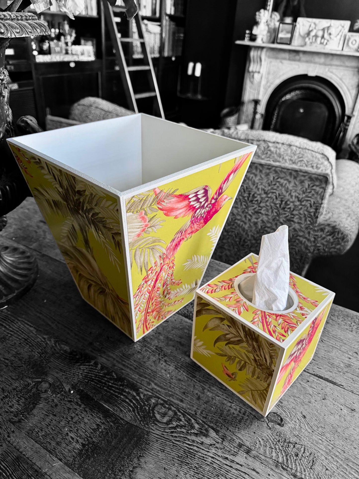 Twickenham - Matching set - Waste paper bin & square or rectangle tissue box cover - Decoupage in Bird of Paradise by Matthew Williamson in pink/purple colourway