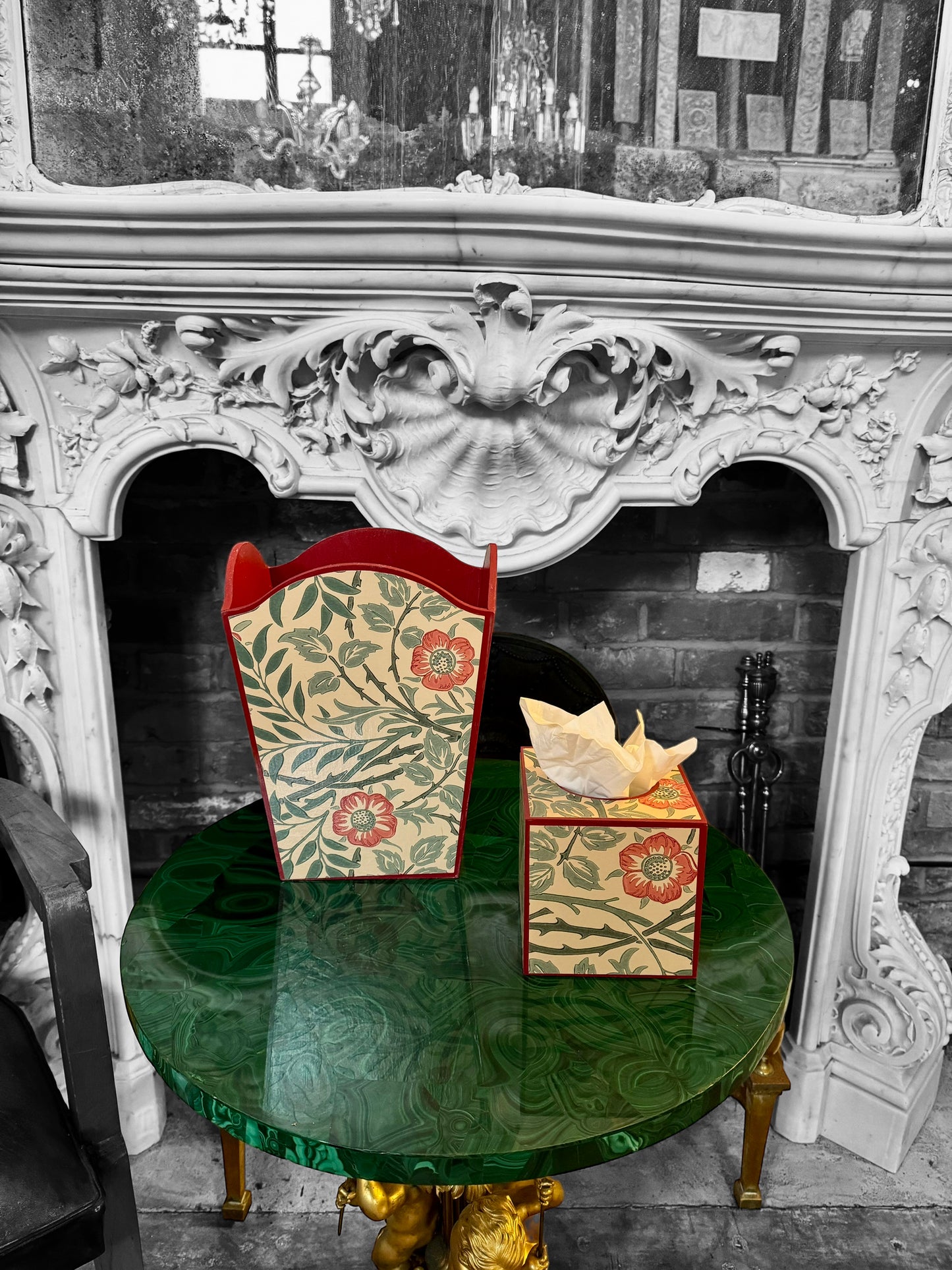 William Morris Waste paper bin and square tissue box cover matching set in Sweet Briar by Morris & Co in green,blue,rust colour way
