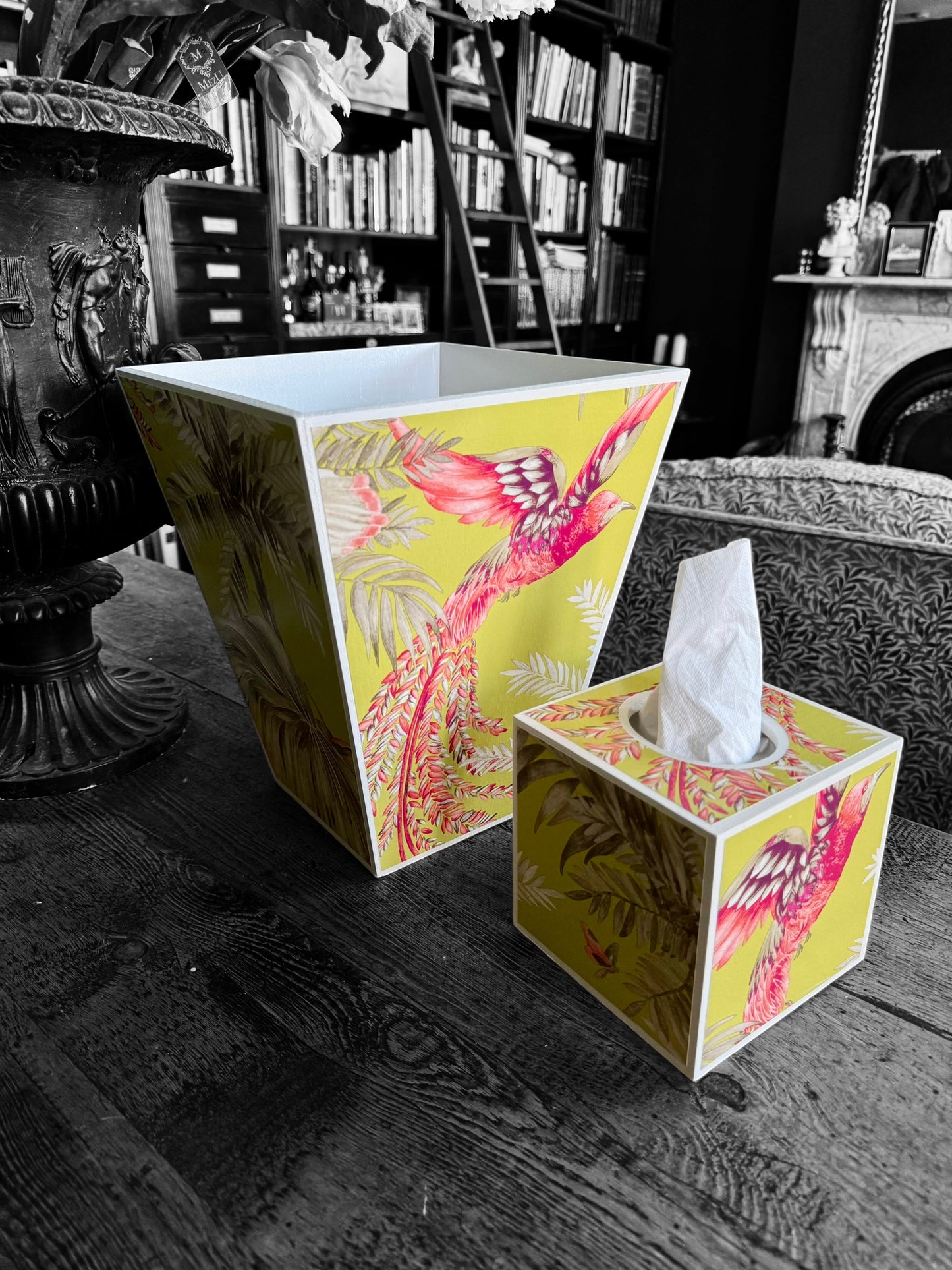Twickenham - Matching set - Waste paper bin & square or rectangle tissue box cover - Decoupage in Bird of Paradise by Matthew Williamson in pink/purple colourway