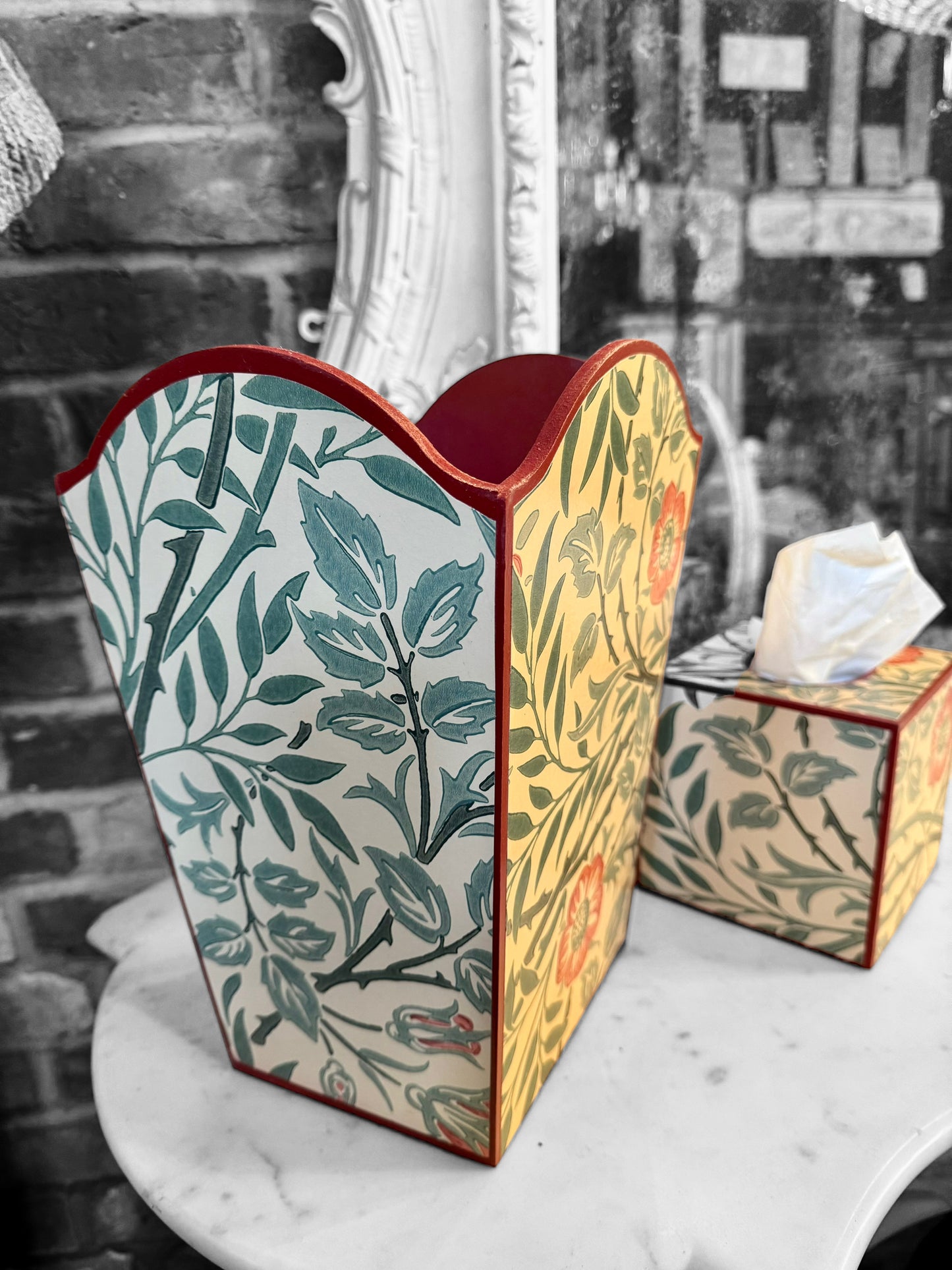 William Morris Waste paper bin and square tissue box cover matching set in Sweet Briar by Morris & Co in green,blue,rust colour way