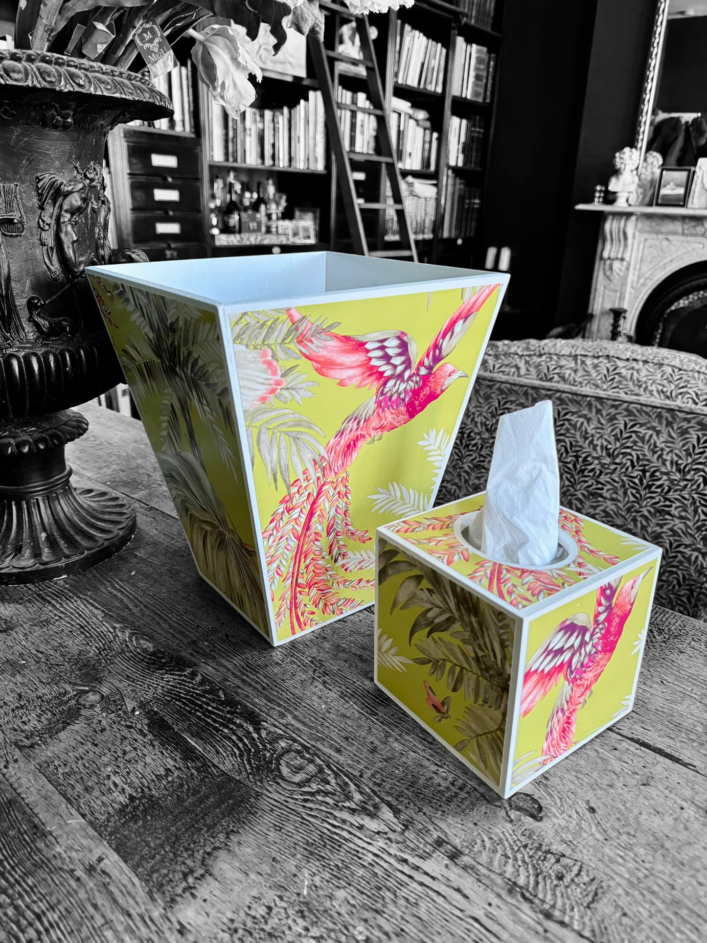 Twickenham - Matching set - Waste paper bin & square or rectangle tissue box cover - Decoupage in Bird of Paradise by Matthew Williamson in pink/purple colourway