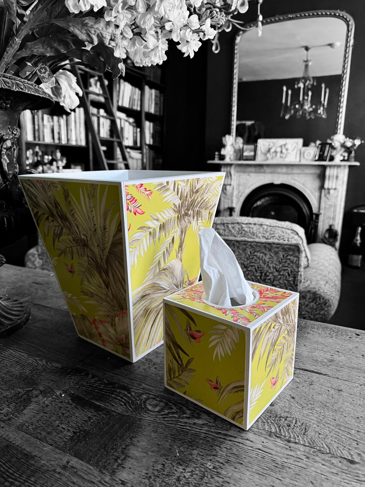 Twickenham - Matching set - Waste paper bin & square or rectangle tissue box cover - Decoupage in Bird of Paradise by Matthew Williamson in pink/purple colourway