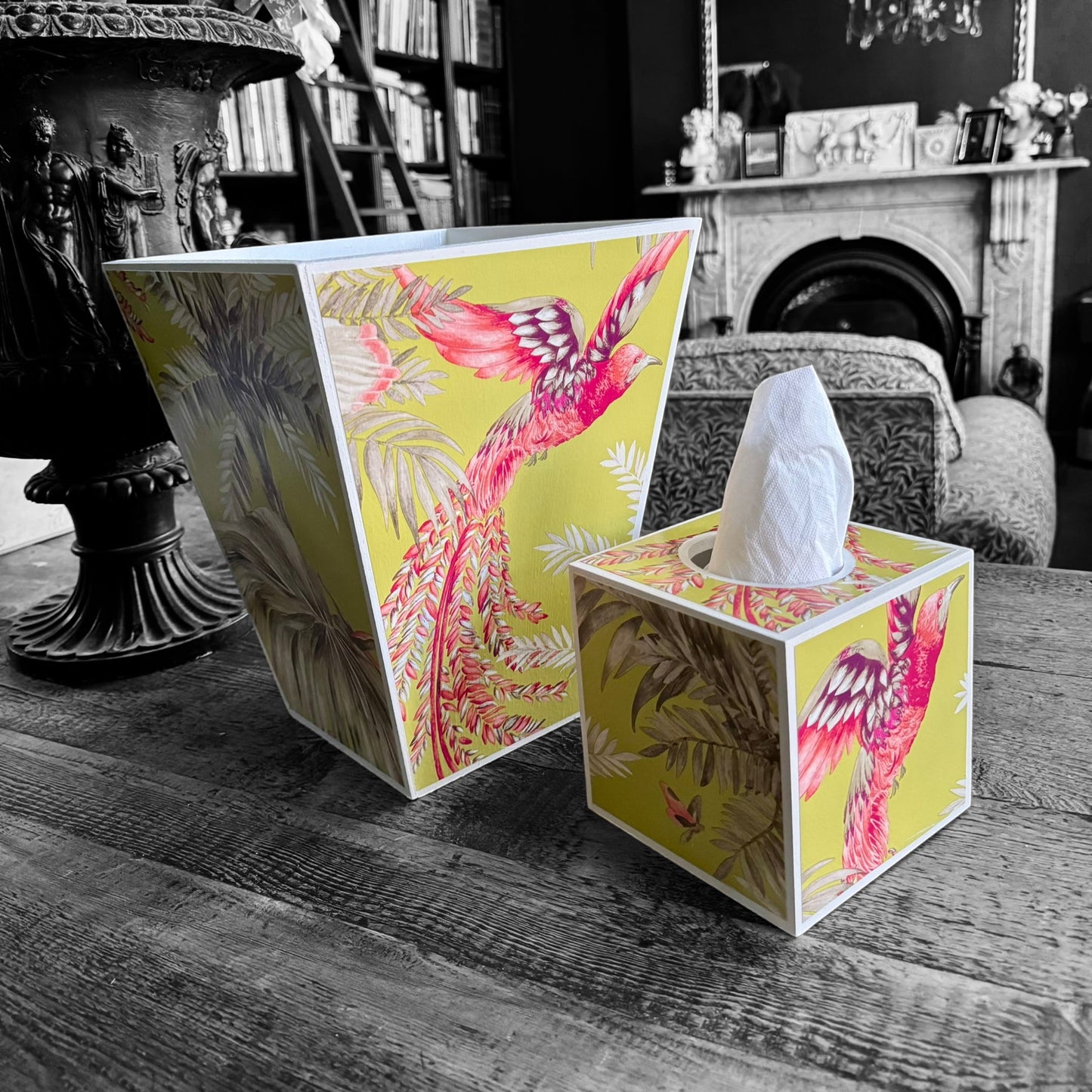 Twickenham - Matching set - Waste paper bin & square or rectangle tissue box cover - Decoupage in Bird of Paradise by Matthew Williamson in pink/purple colourway