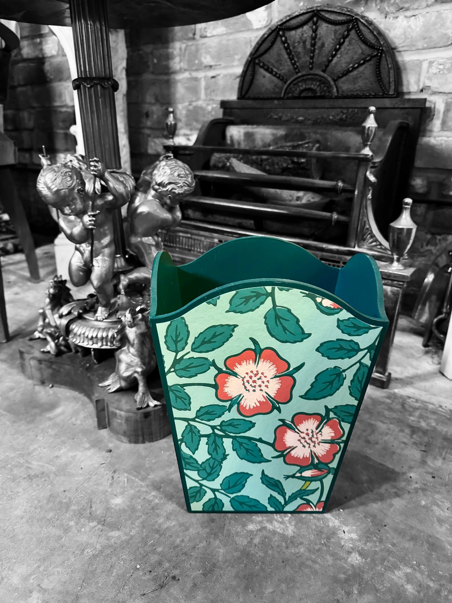 Featured in BRITISH VOGUE Norfolk waste paper bin & square tissue box cover aqua, teal,green,pink. Handmade by Beatrice Bloom London
