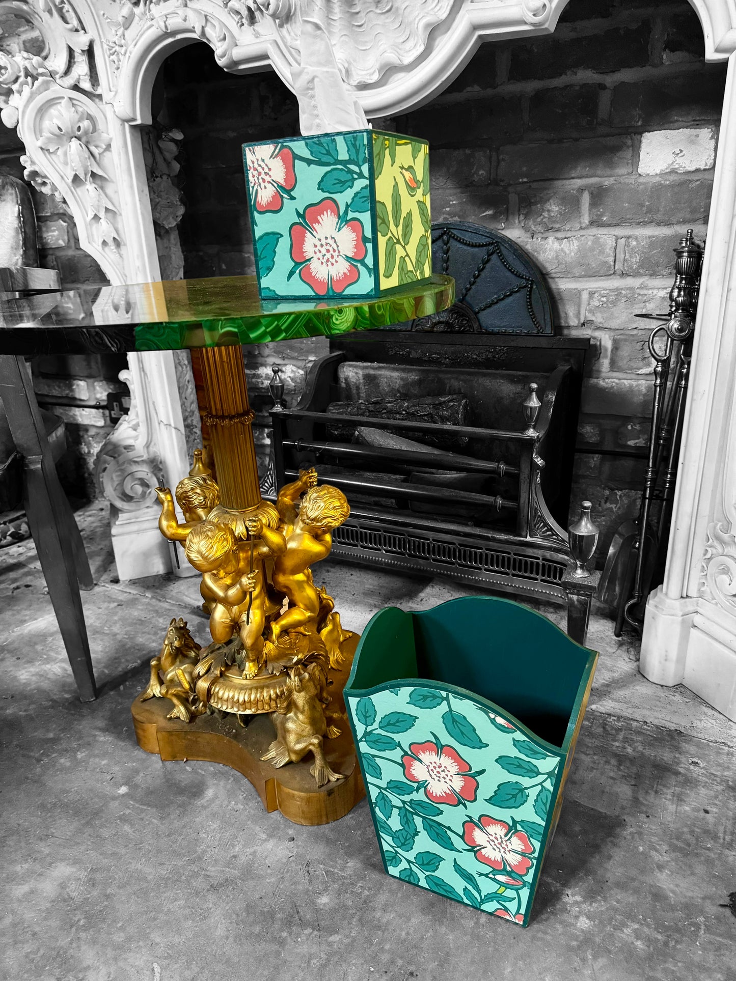 Featured in BRITISH VOGUE Norfolk waste paper bin & square tissue box cover aqua, teal,green,pink. Handmade by Beatrice Bloom London