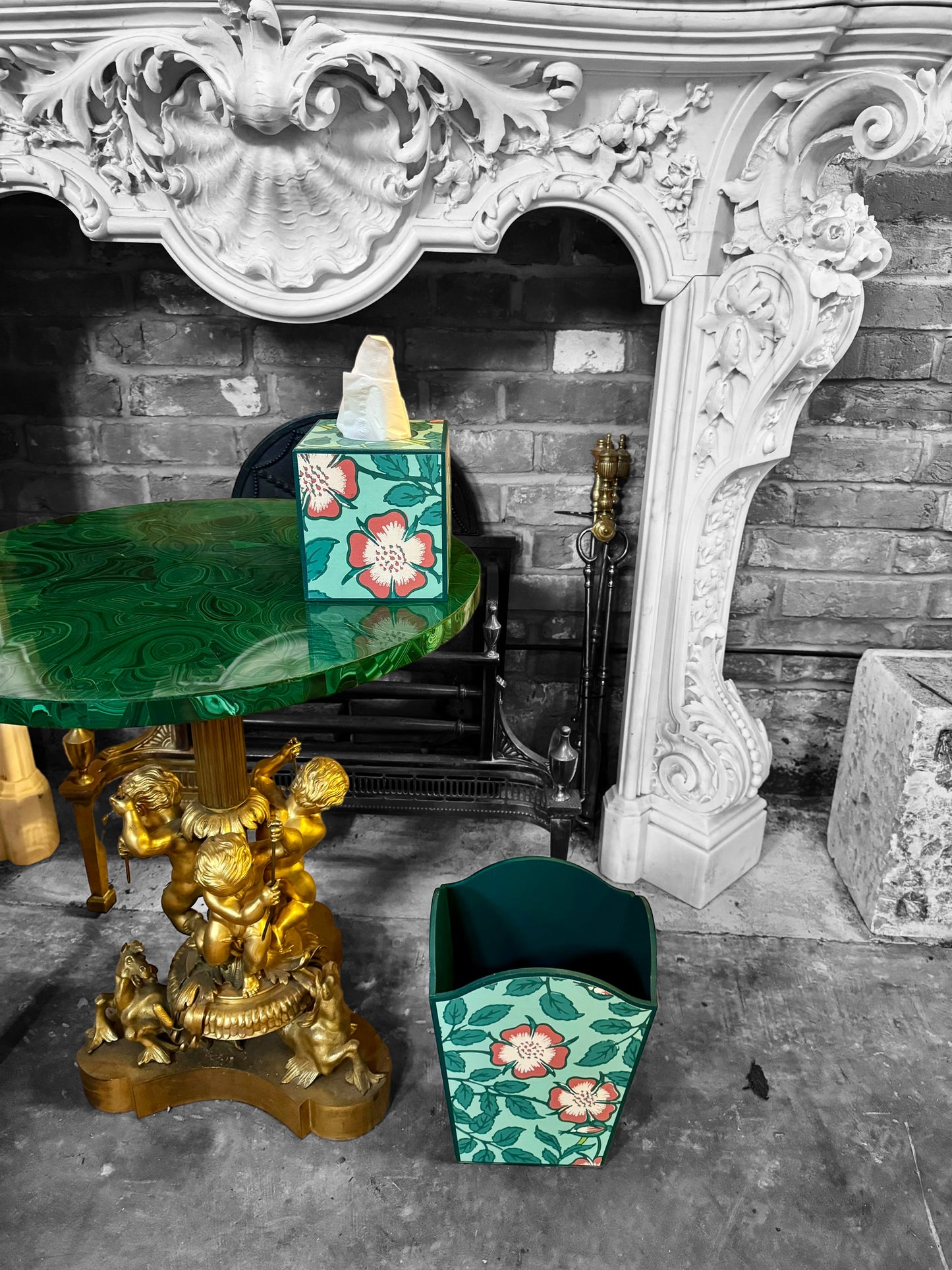 Featured in BRITISH VOGUE Norfolk waste paper bin & square tissue box cover aqua, teal,green,pink. Handmade by Beatrice Bloom London