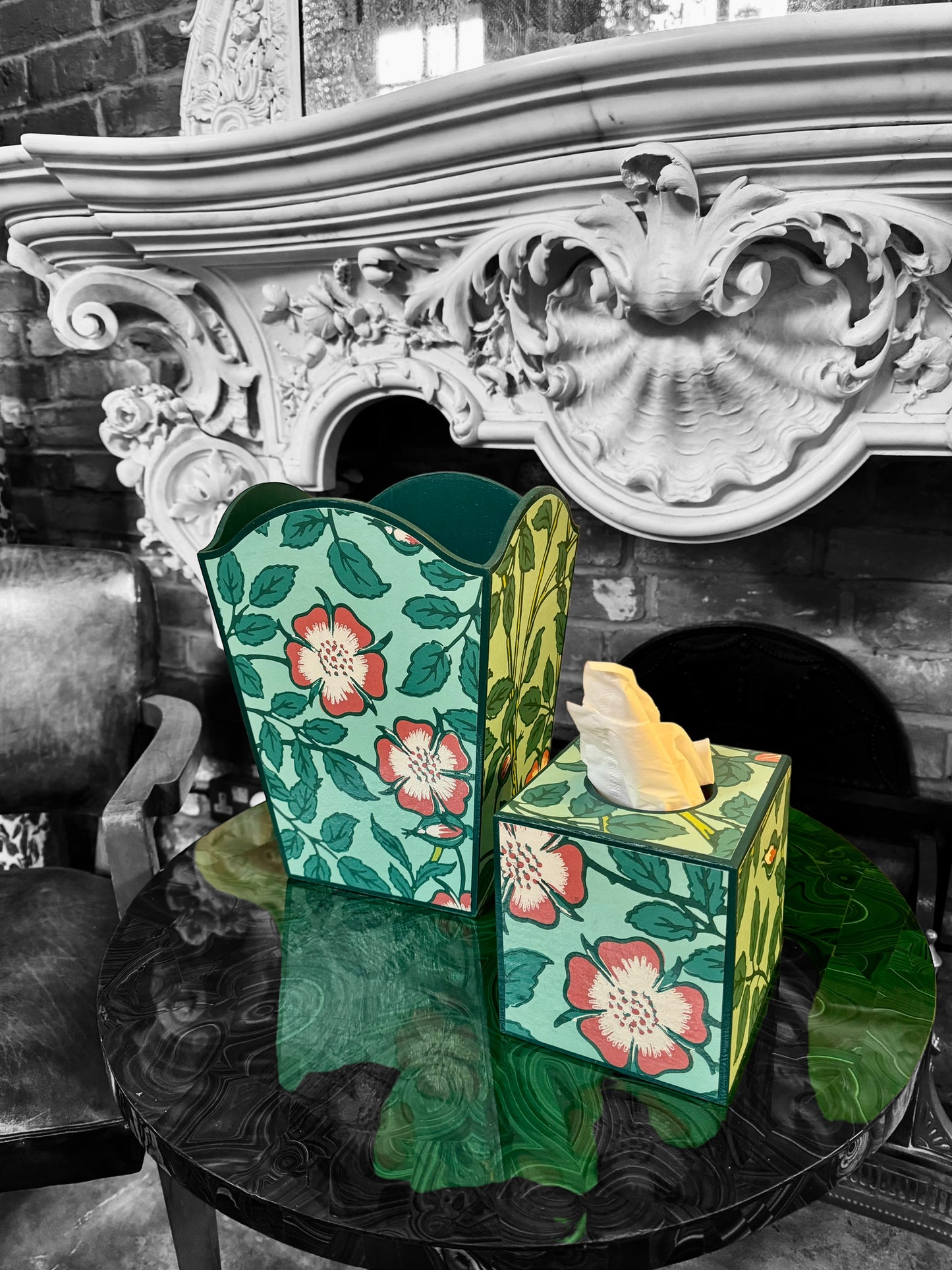 Featured in BRITISH VOGUE Norfolk waste paper bin & square tissue box cover aqua, teal,green,pink. Handmade by Beatrice Bloom London