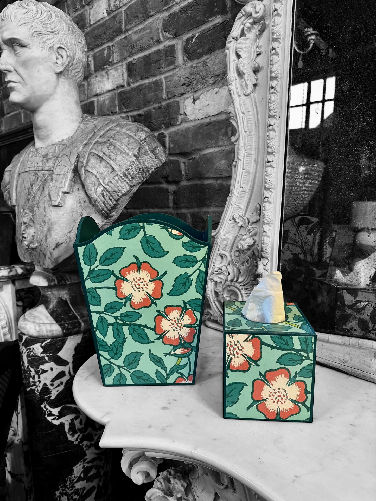 Featured in BRITISH VOGUE Norfolk waste paper bin & square tissue box cover aqua, teal,green,pink. Handmade by Beatrice Bloom London