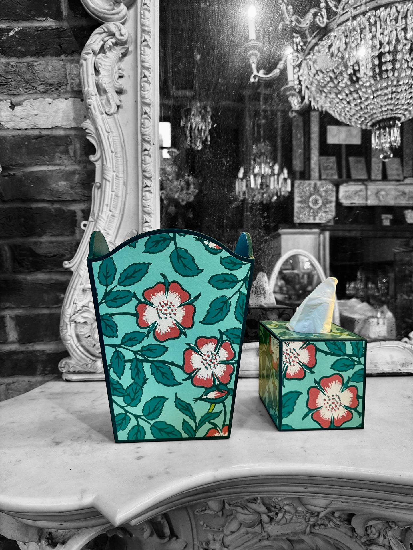 Featured in BRITISH VOGUE Norfolk waste paper bin & square tissue box cover aqua, teal,green,pink. Handmade by Beatrice Bloom London