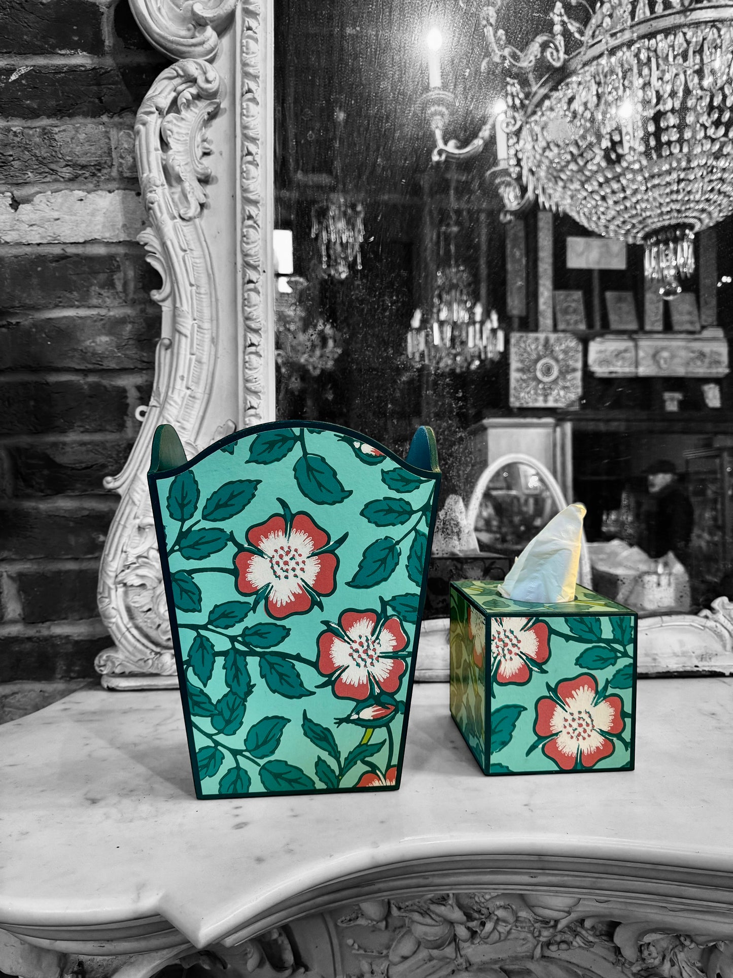 Featured in BRITISH VOGUE Norfolk waste paper bin & square tissue box cover aqua, teal,green,pink. Handmade by Beatrice Bloom London
