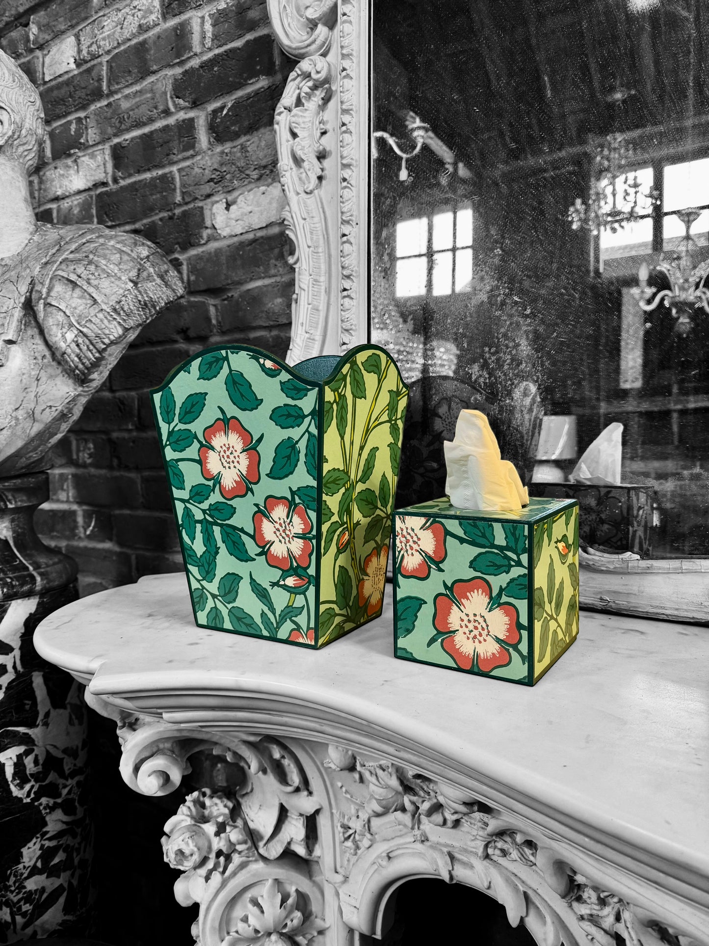 Featured in BRITISH VOGUE Norfolk waste paper bin & square tissue box cover aqua, teal,green,pink. Handmade by Beatrice Bloom London