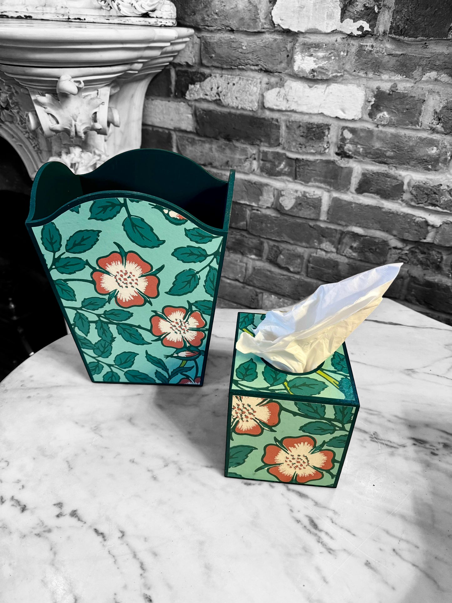 Featured in BRITISH VOGUE Norfolk waste paper bin & square tissue box cover aqua, teal,green,pink. Handmade by Beatrice Bloom London
