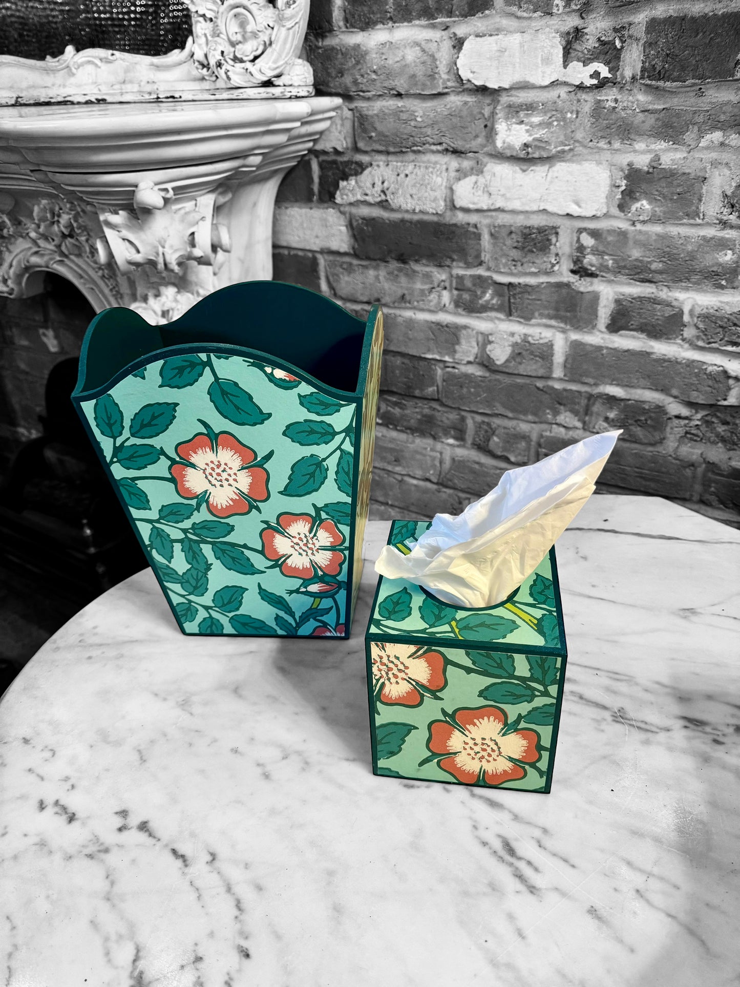 Featured in BRITISH VOGUE Norfolk waste paper bin & square tissue box cover aqua, teal,green,pink. Handmade by Beatrice Bloom London