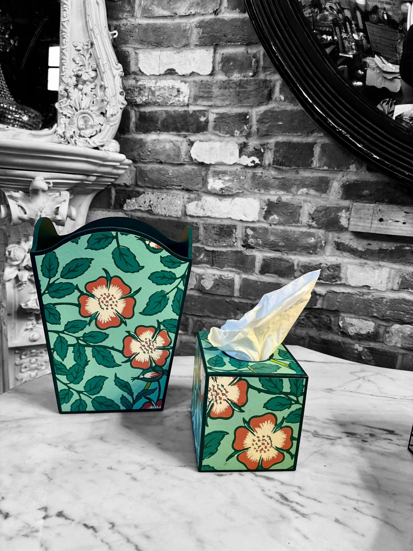 Featured in BRITISH VOGUE Norfolk waste paper bin & square tissue box cover aqua, teal,green,pink. Handmade by Beatrice Bloom London