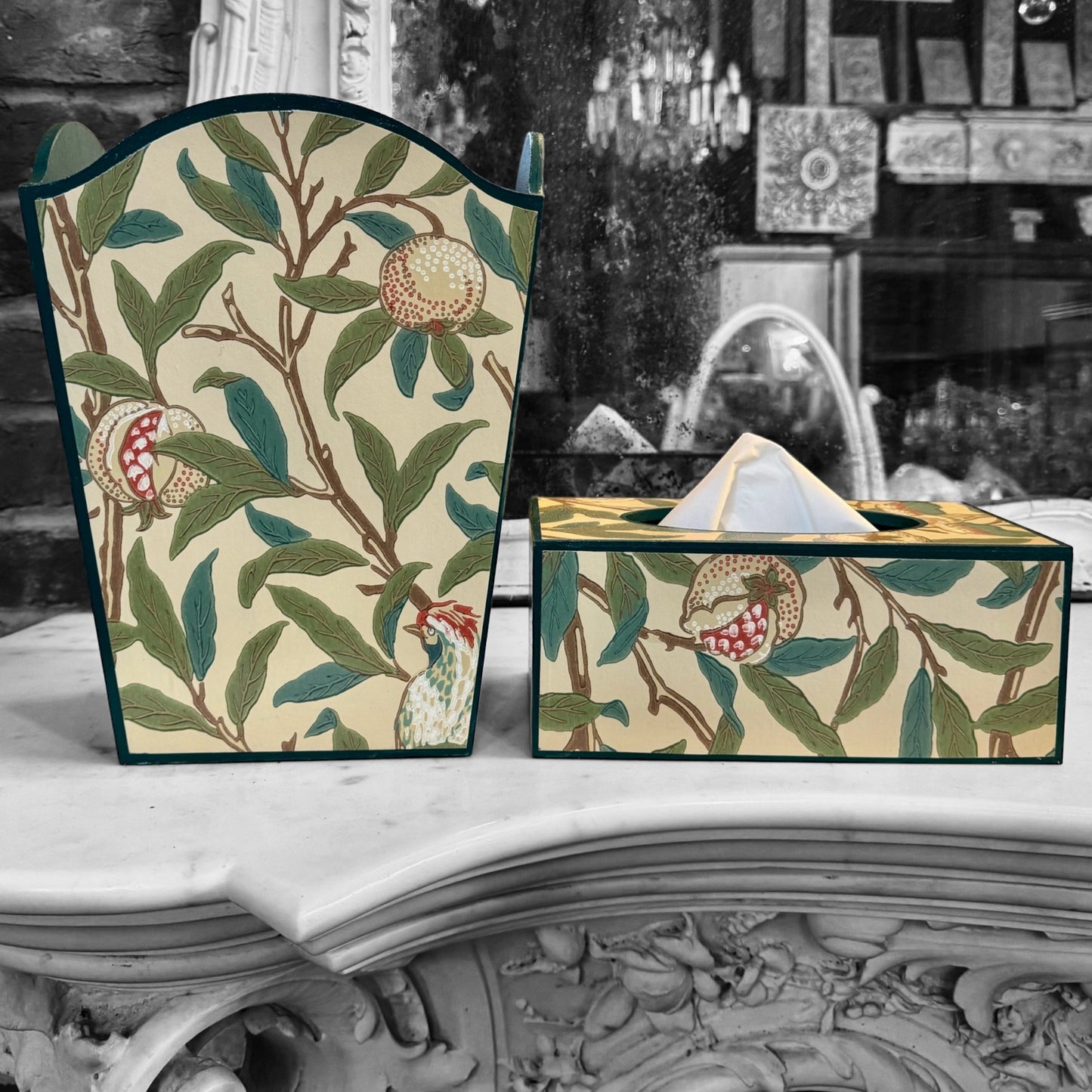Gloucestershire - Matching set - Waste paper bin & a square or rectangle tissue box cover - Decoupage in Bird & Pomegranate by Morris & Co in Sage colourway
