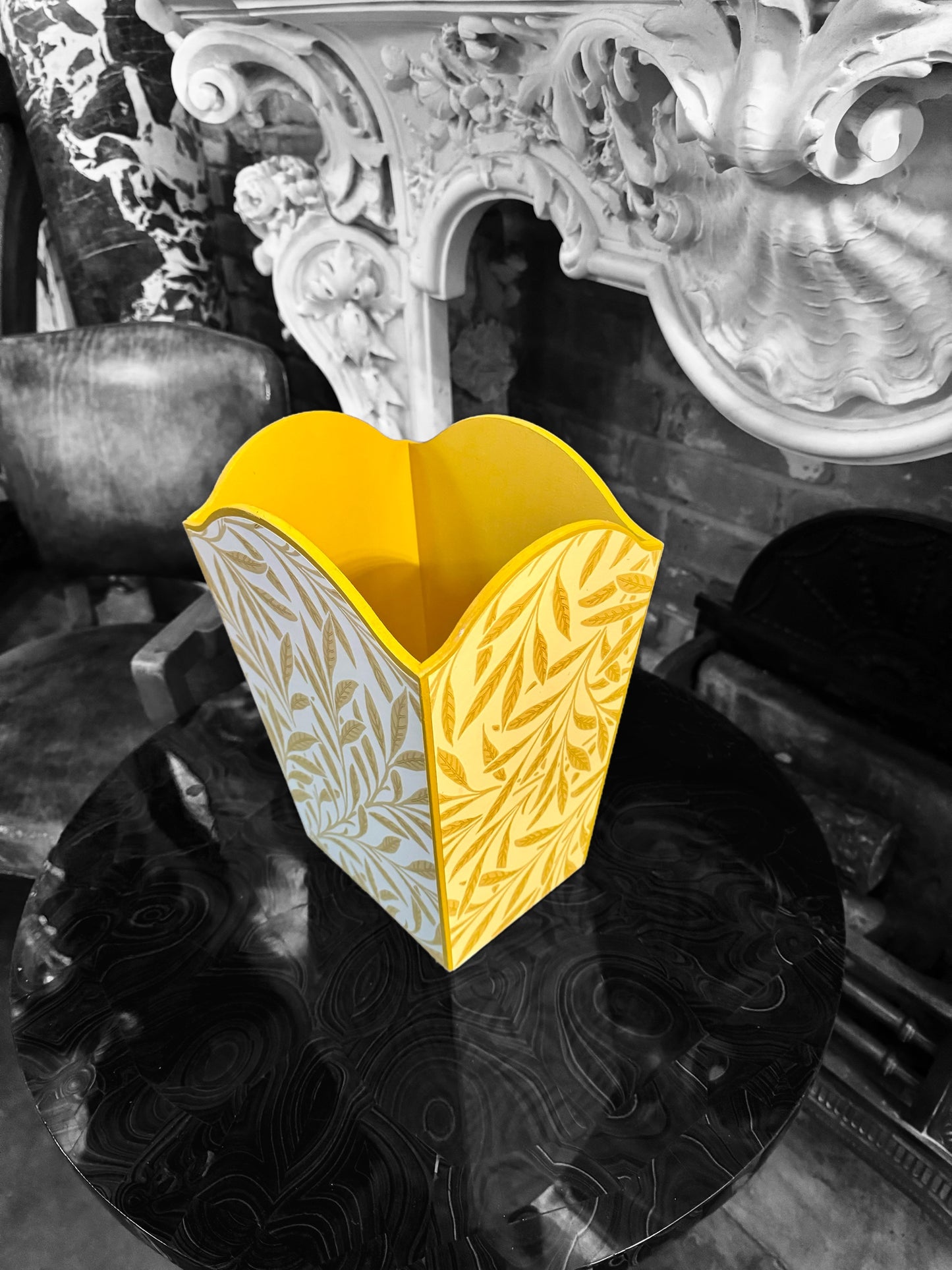 Hastings - Matching set - Waste paper bin & square or rectangle tissue box cover - Decoupage in William Morris Willow Boughs by Morris & Co in yellow colourway